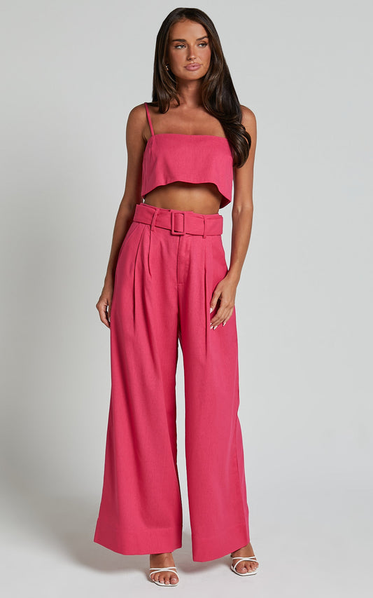 Thelma Two Piece Set - Linen Bandeau Crop Top and Belted Wide Leg Pants Set in Hot Pink