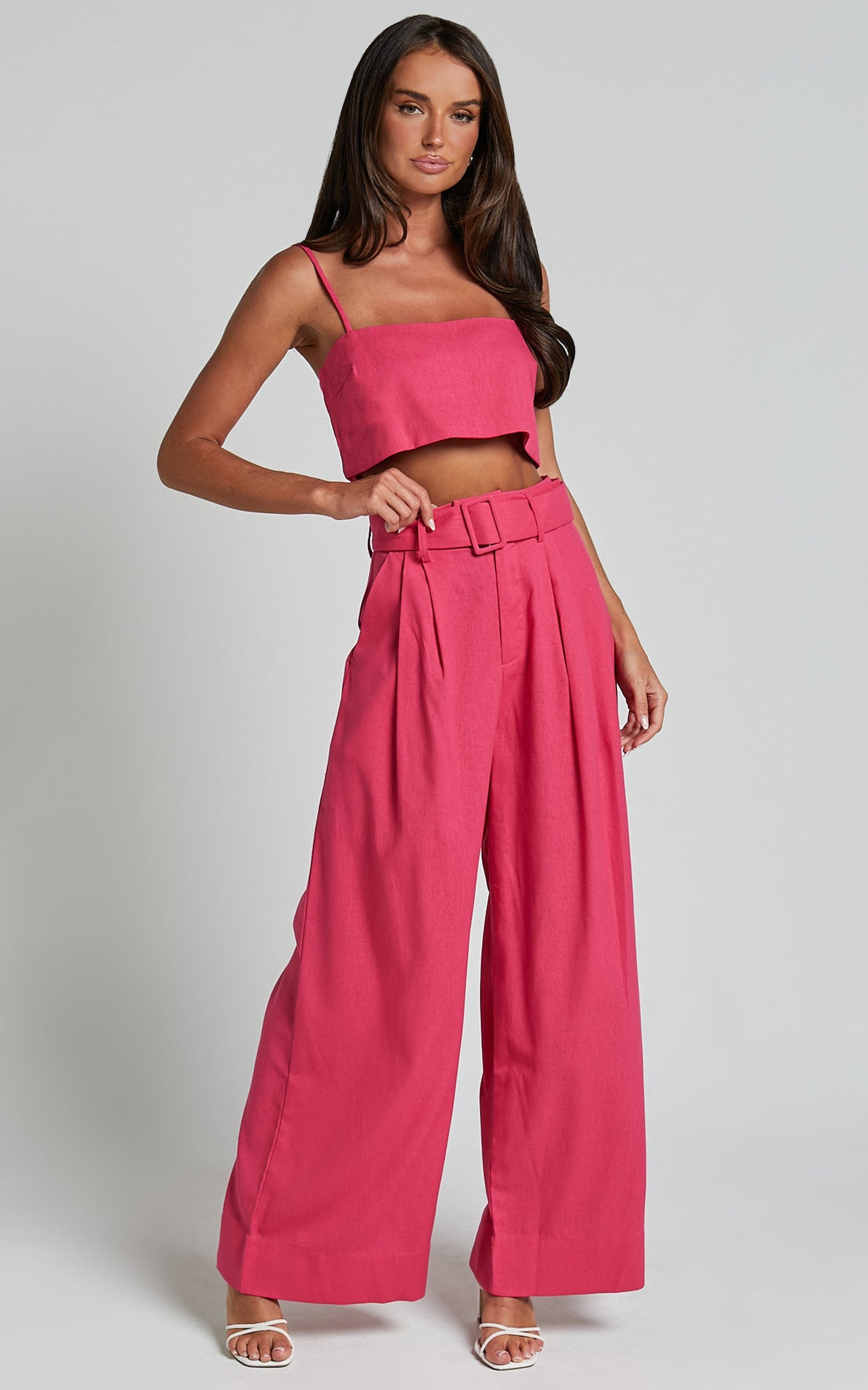 Thelma Two Piece Set - Linen Bandeau Crop Top and Belted Wide Leg Pants Set in Hot Pink