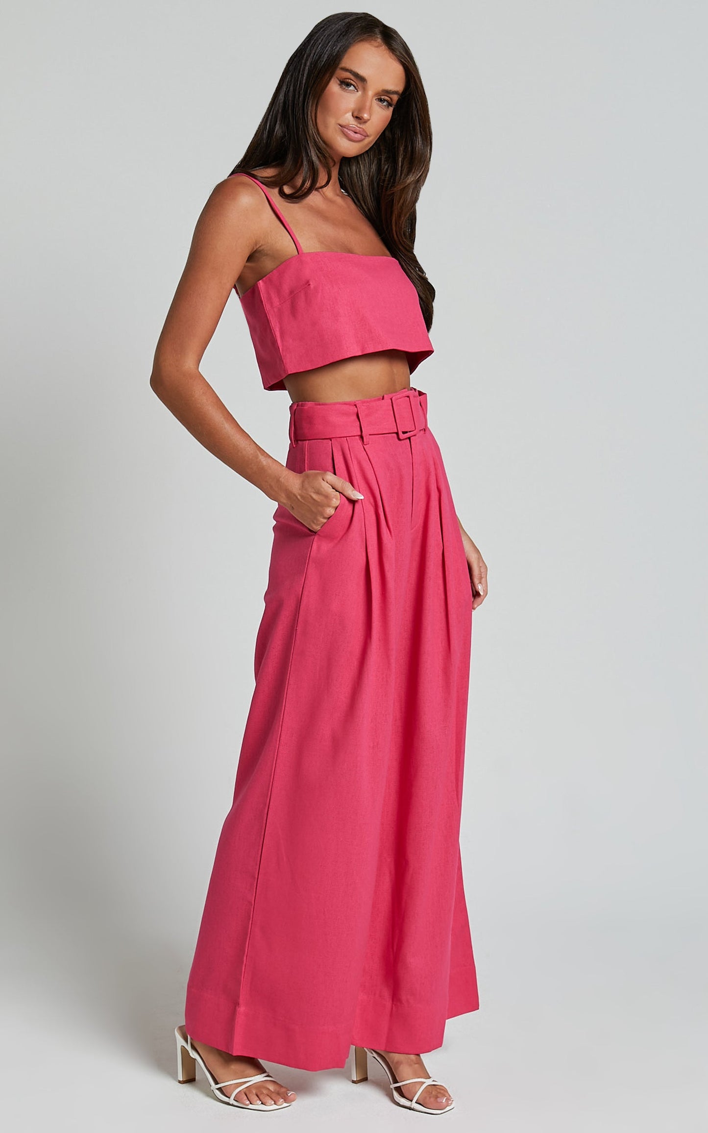 Thelma Two Piece Set - Linen Bandeau Crop Top and Belted Wide Leg Pants Set in Hot Pink