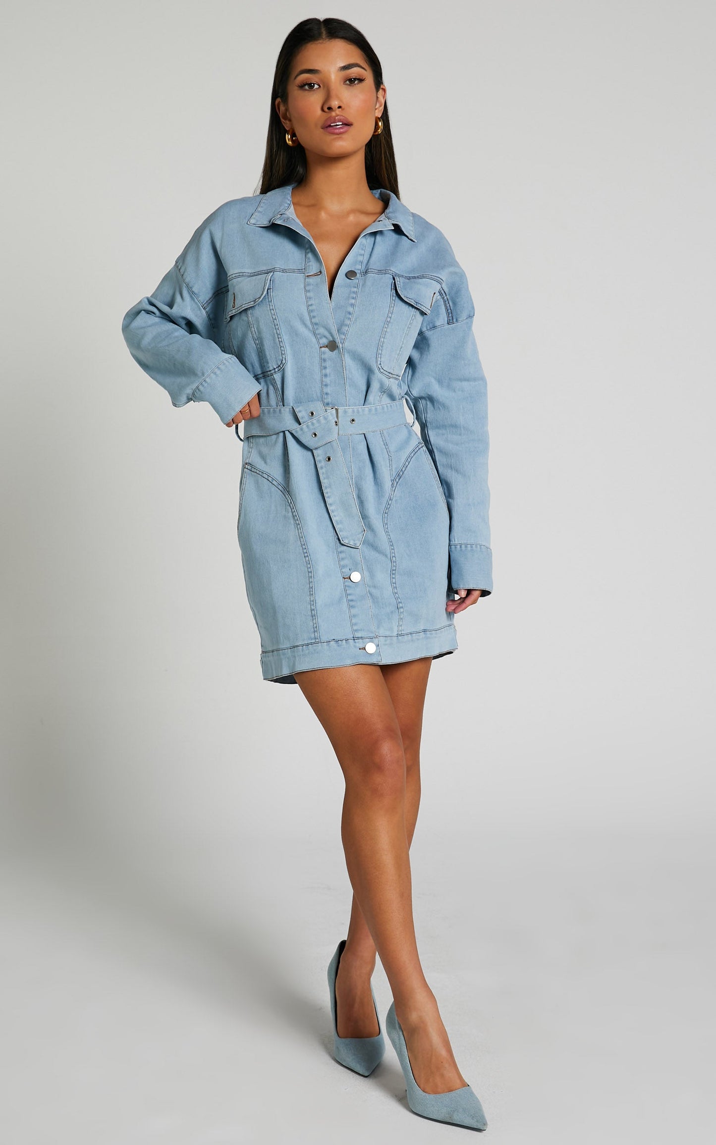 Theodore Mini Dress - Button Up Tie Waist Long Sleeve Denim Dress in BLEACHED WASH