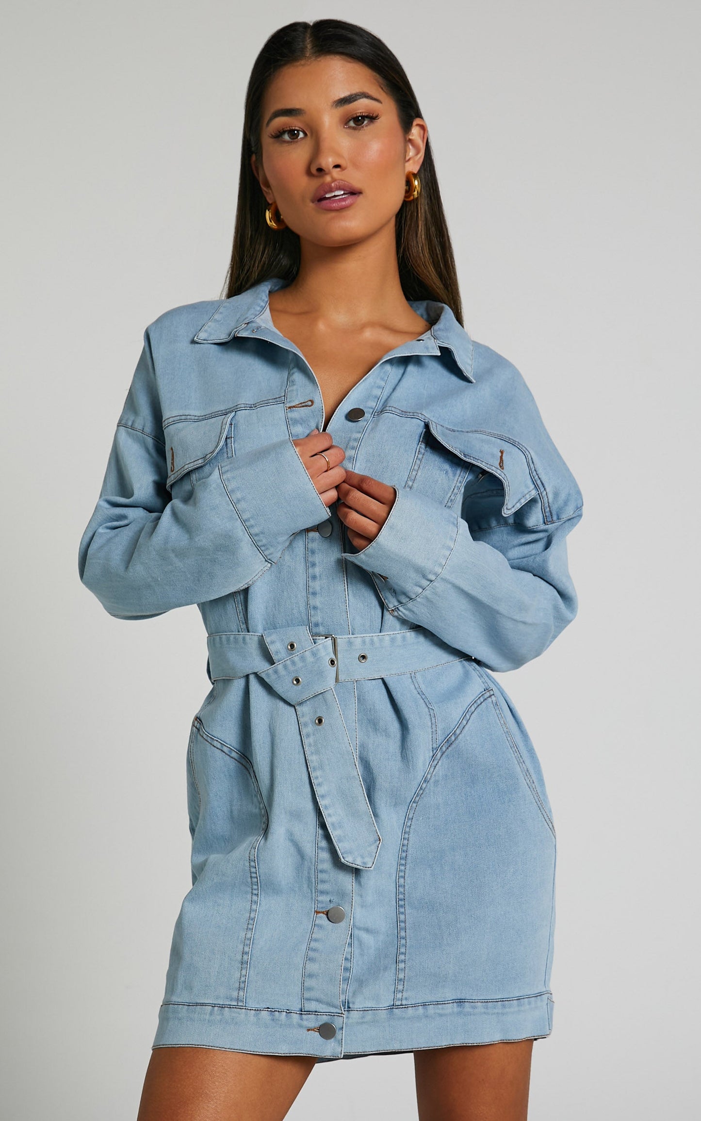 Theodore Mini Dress - Button Up Tie Waist Long Sleeve Denim Dress in BLEACHED WASH