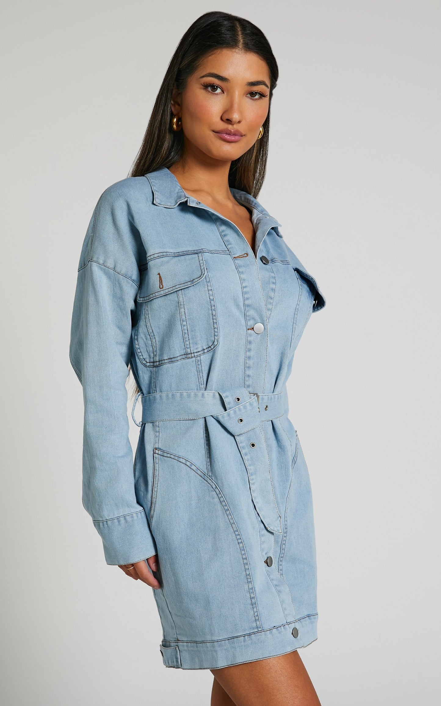 Theodore Mini Dress - Button Up Tie Waist Long Sleeve Denim Dress in BLEACHED WASH