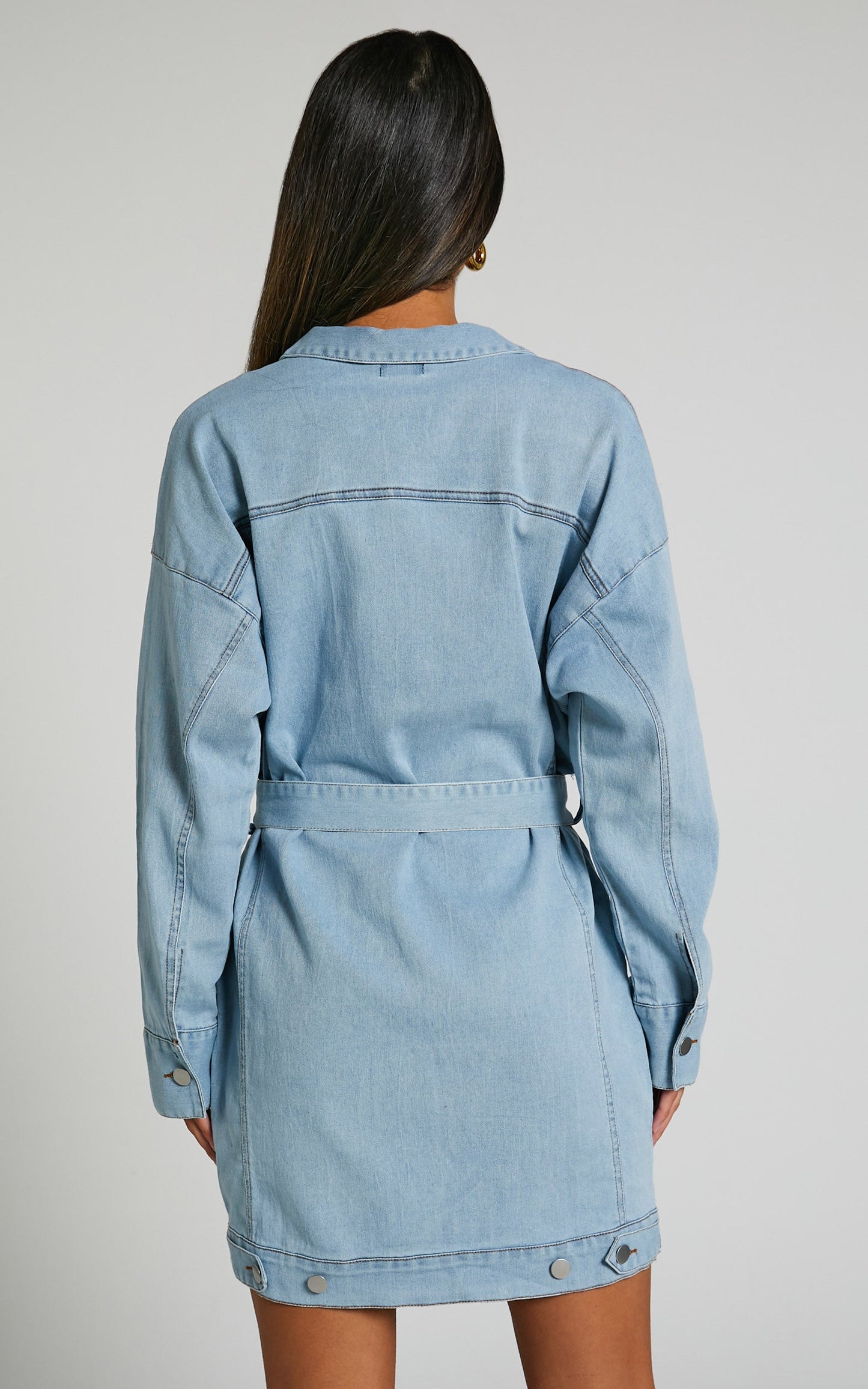 Theodore Mini Dress - Button Up Tie Waist Long Sleeve Denim Dress in BLEACHED WASH