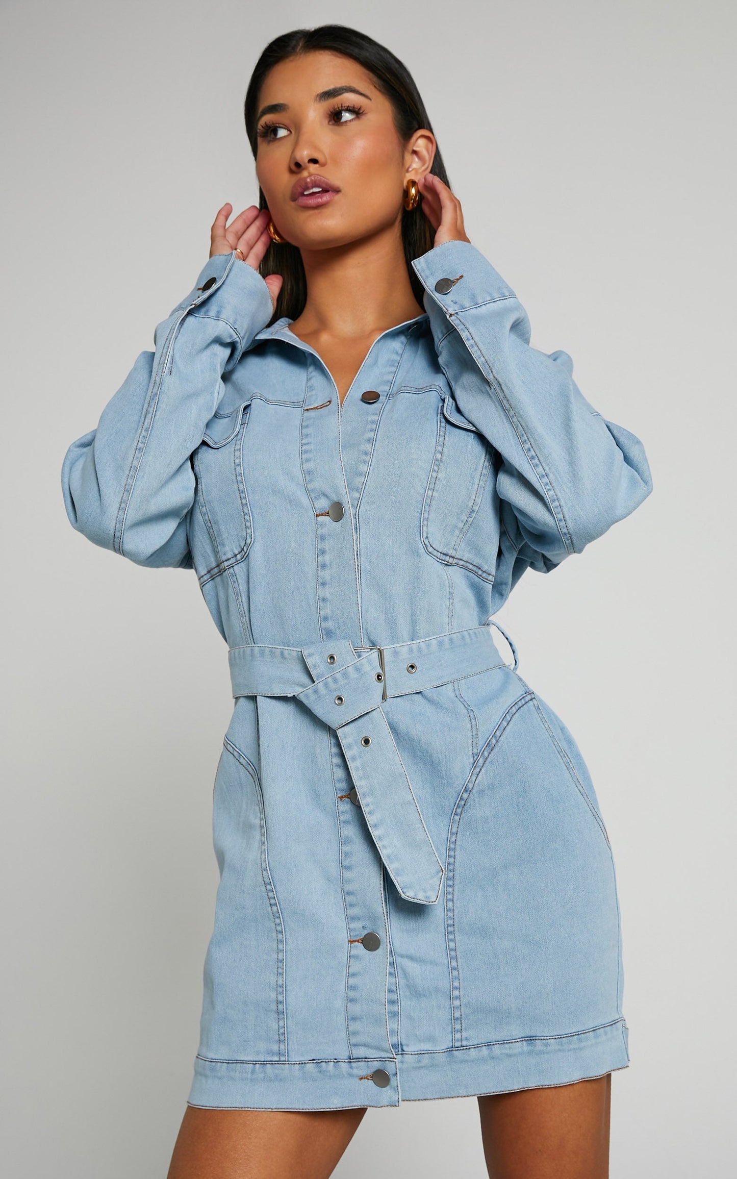 Theodore Mini Dress - Button Up Tie Waist Long Sleeve Denim Dress in BLEACHED WASH