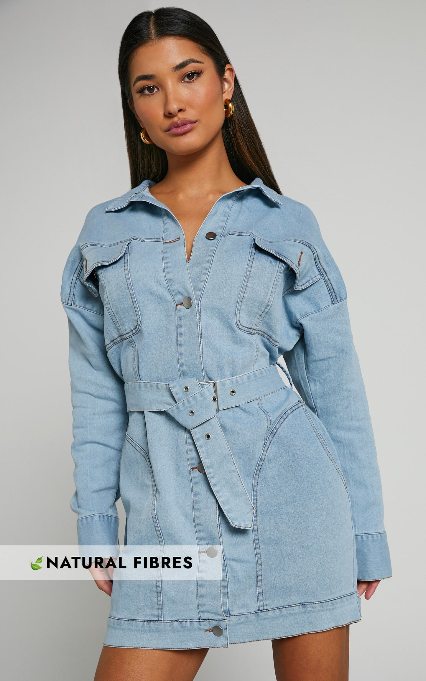 Theodore Mini Dress - Button Up Tie Waist Long Sleeve Denim Dress in BLEACHED WASH