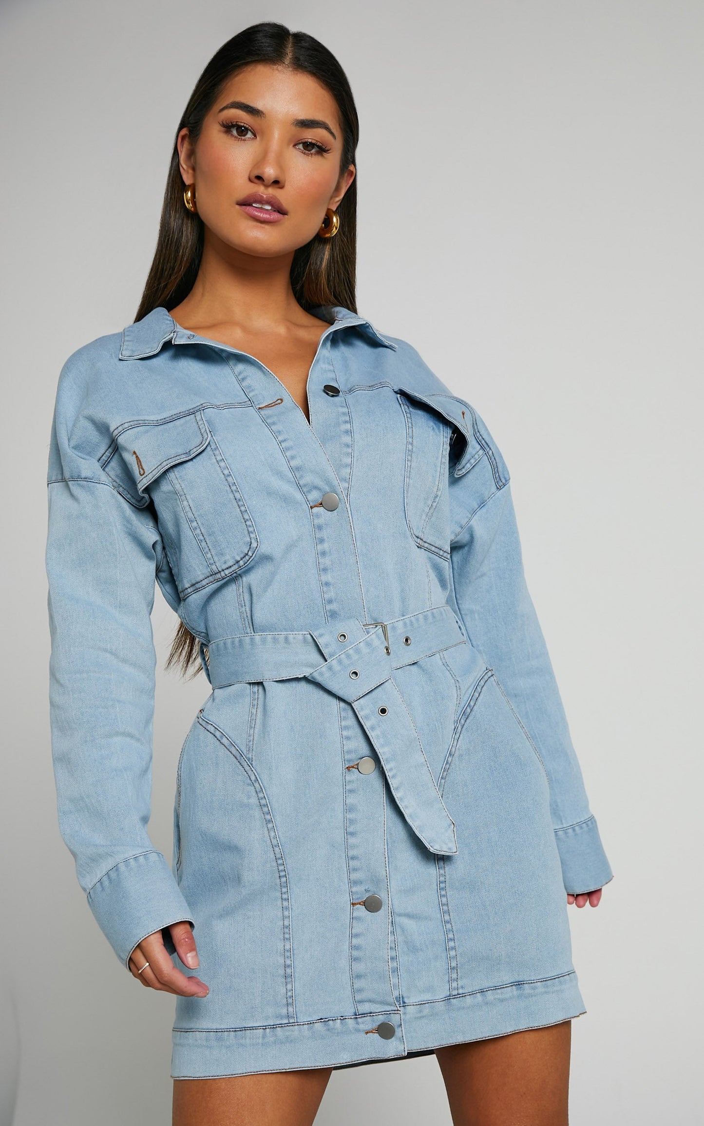 Theodore Mini Dress - Button Up Tie Waist Long Sleeve Denim Dress in BLEACHED WASH
