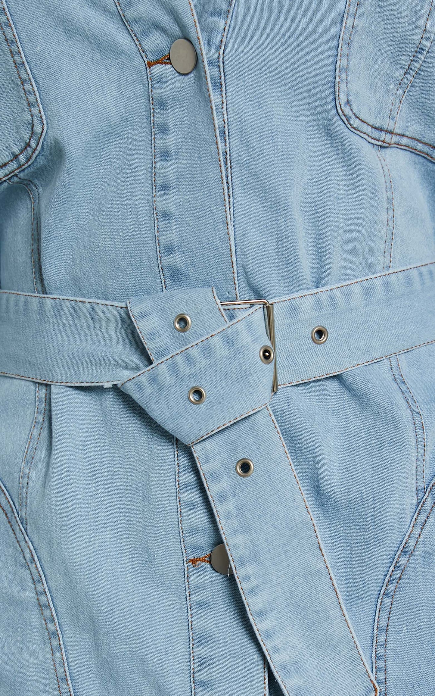 Theodore Mini Dress - Button Up Tie Waist Long Sleeve Denim Dress in BLEACHED WASH