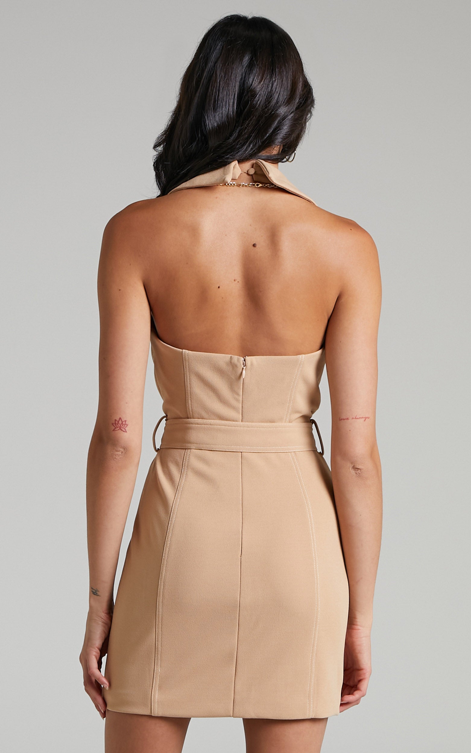 Theone Self Belt Contrast Stitching Halter Dress in Beige