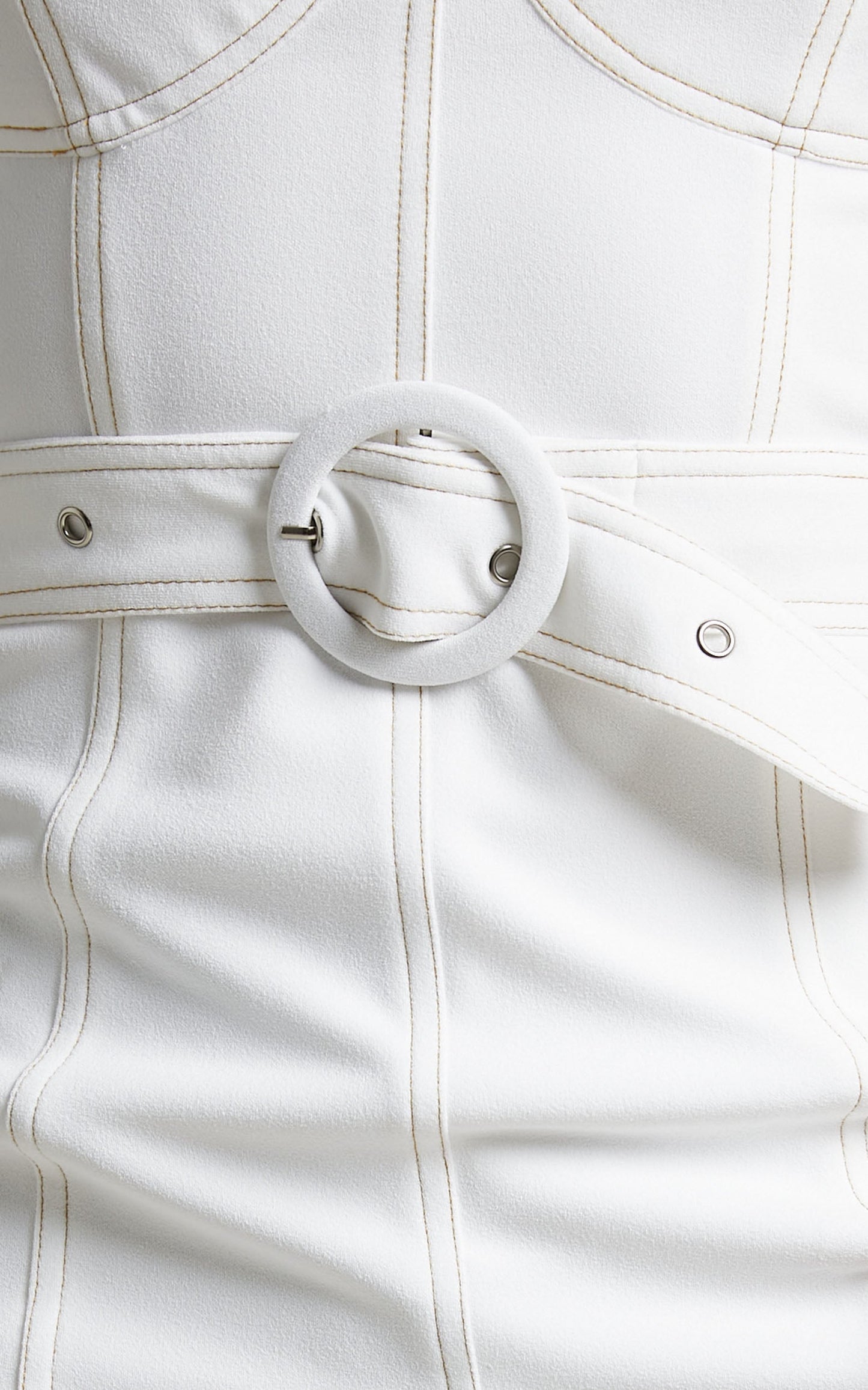 Theone Self Belt Contrast Stitching Halter Dress in Cream