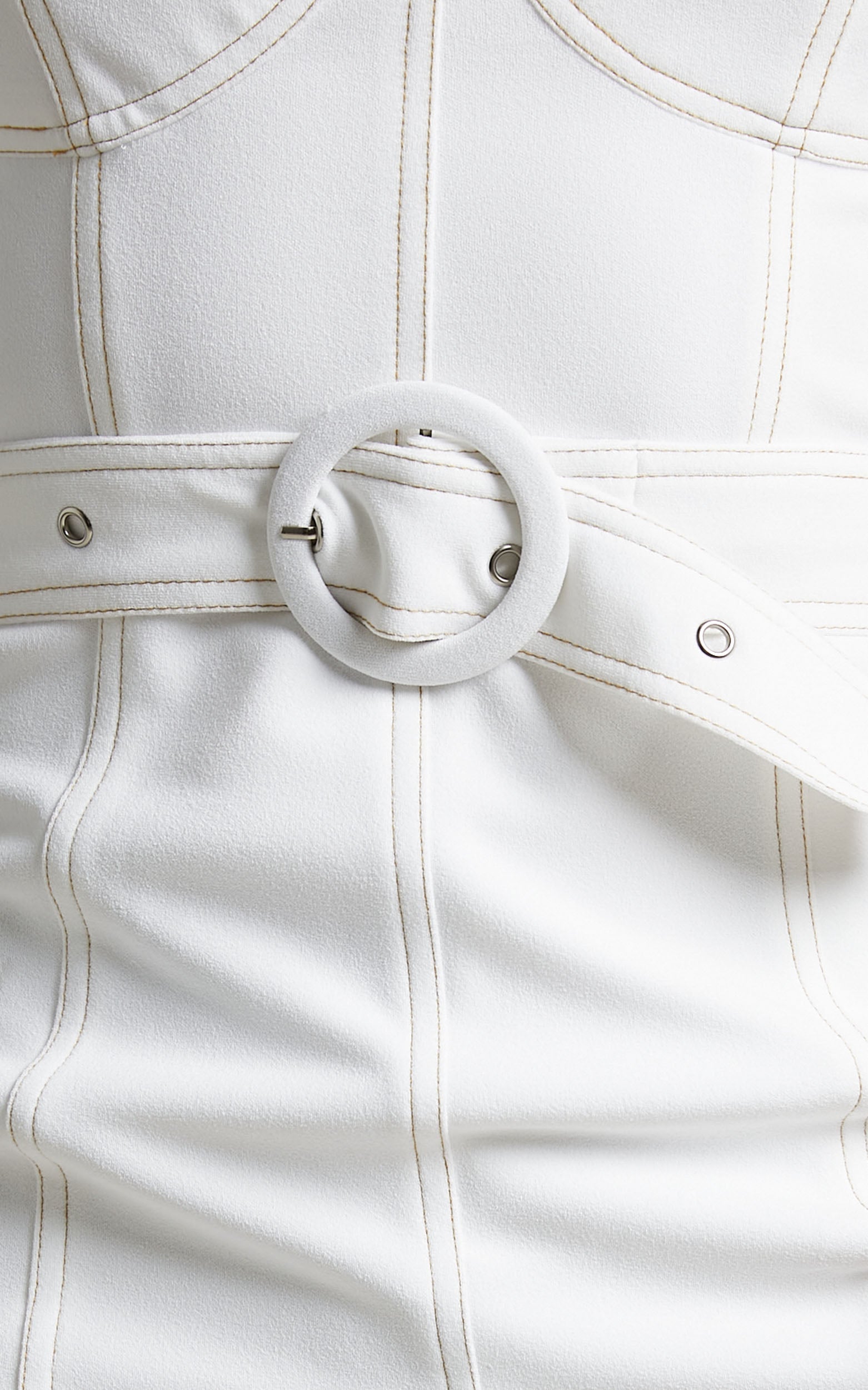 Theone Self Belt Contrast Stitching Halter Dress in Cream