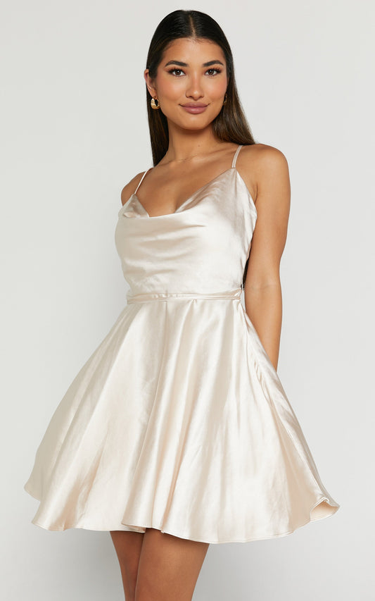 Thessy Mini Dress - Strappy Cowl Neck A Line Dress in Champagne