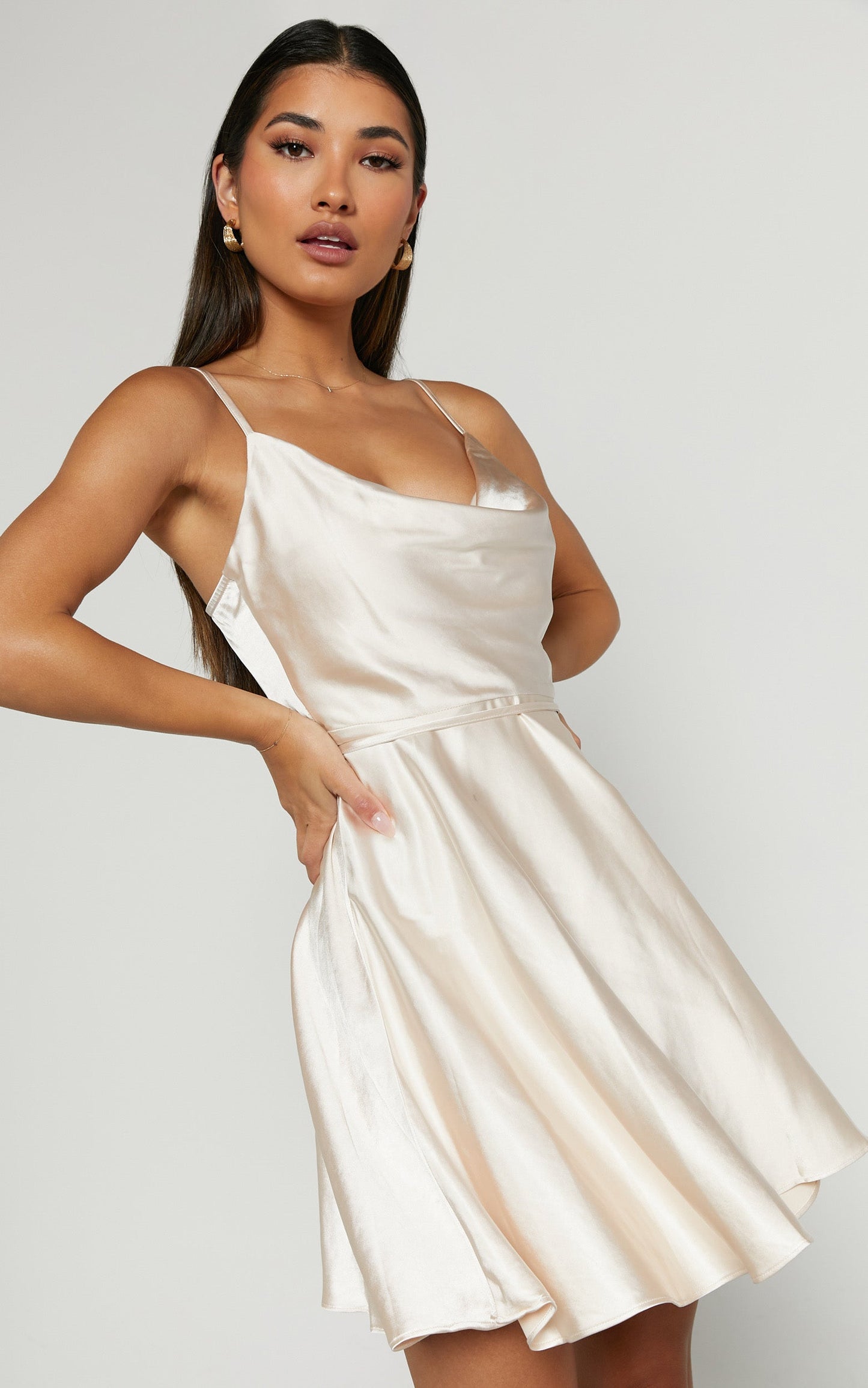 Thessy Mini Dress - Strappy Cowl Neck A Line Dress in Champagne