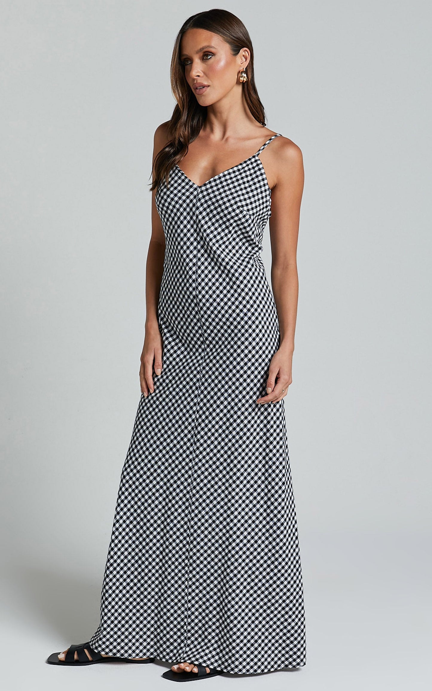 Thraia Midi Dress - Strappy Plunge Slip Dress in Black and White Check