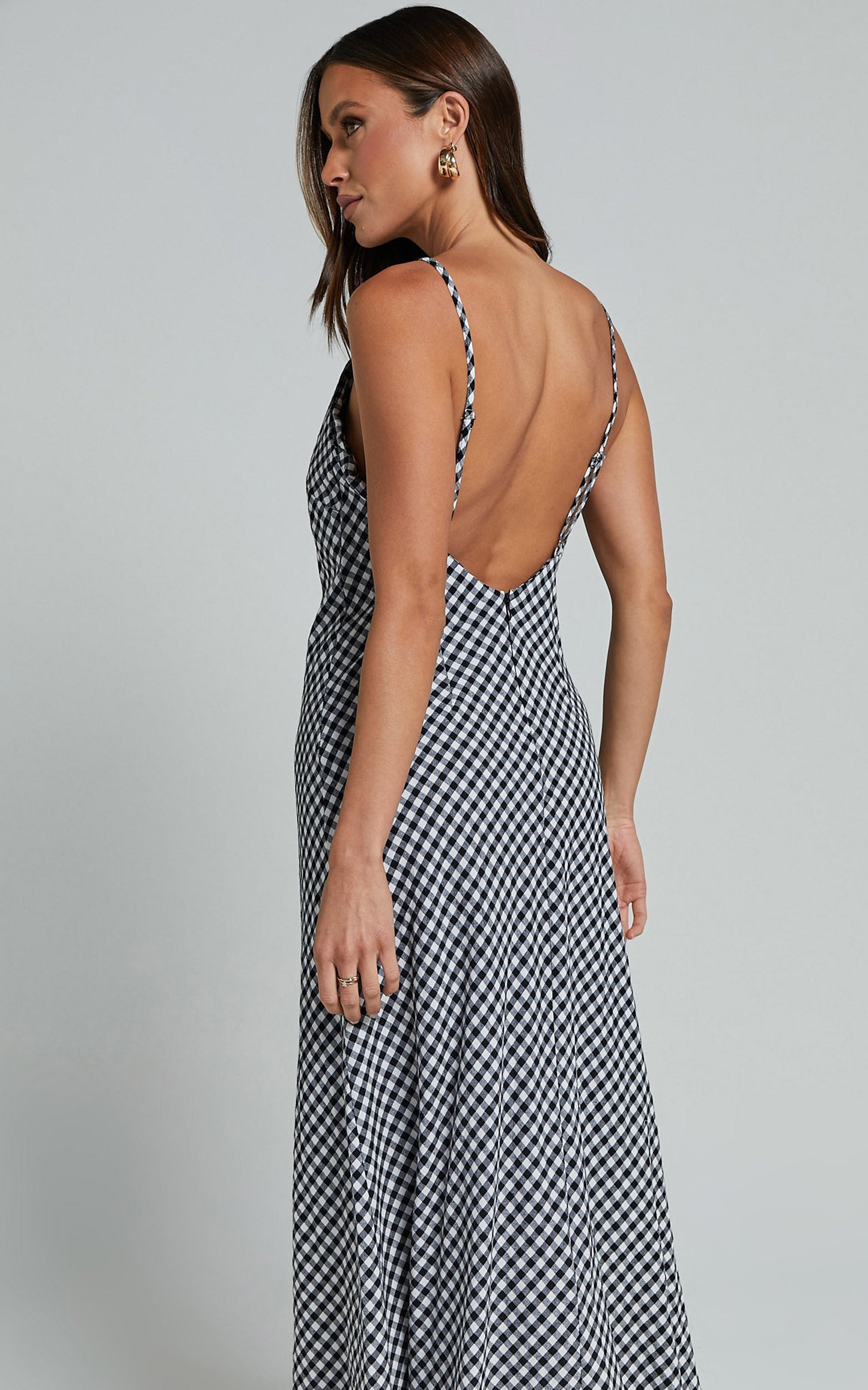 Thraia Midi Dress - Strappy Plunge Slip Dress in Black and White Check