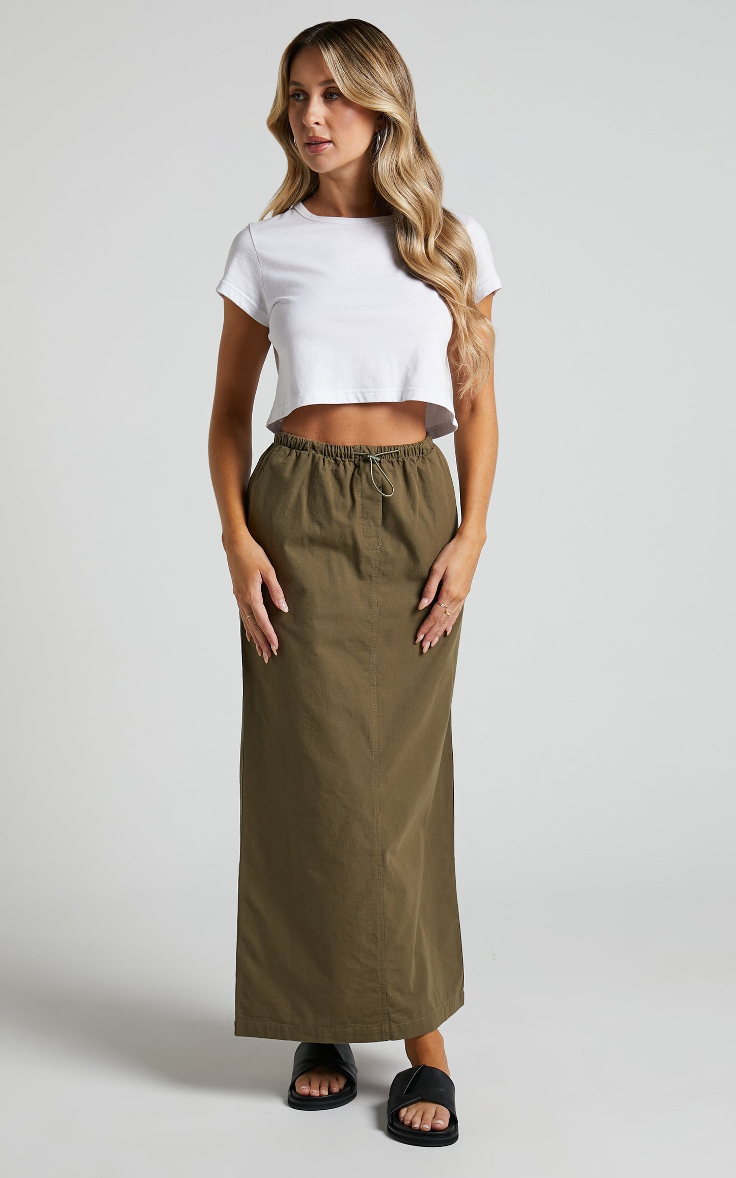 Tia Midi Skirt - Drawstring Cargo Skirt in Khaki