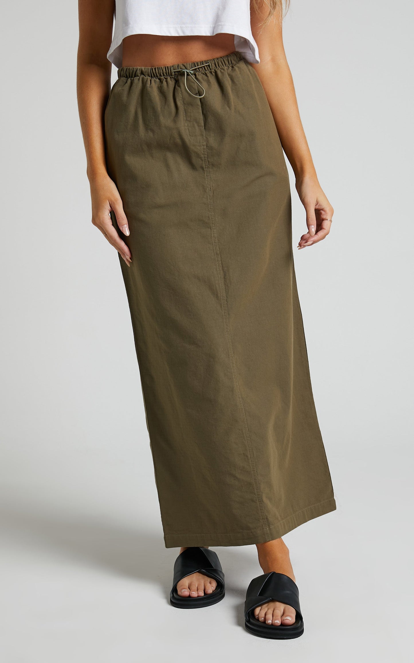 Tia Midi Skirt - Drawstring Cargo Skirt in Khaki