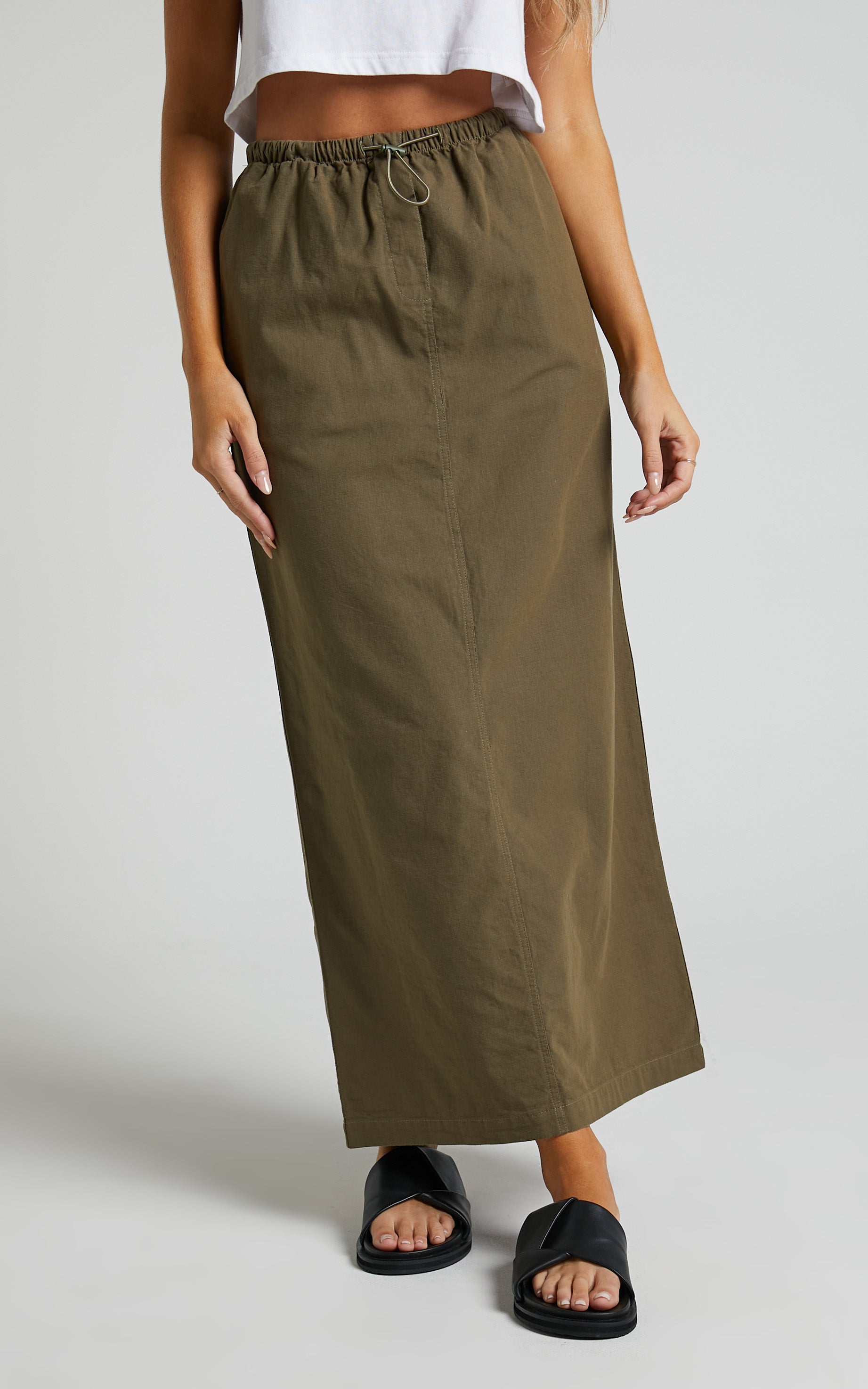 Tia Midi Skirt - Drawstring Cargo Skirt in Khaki