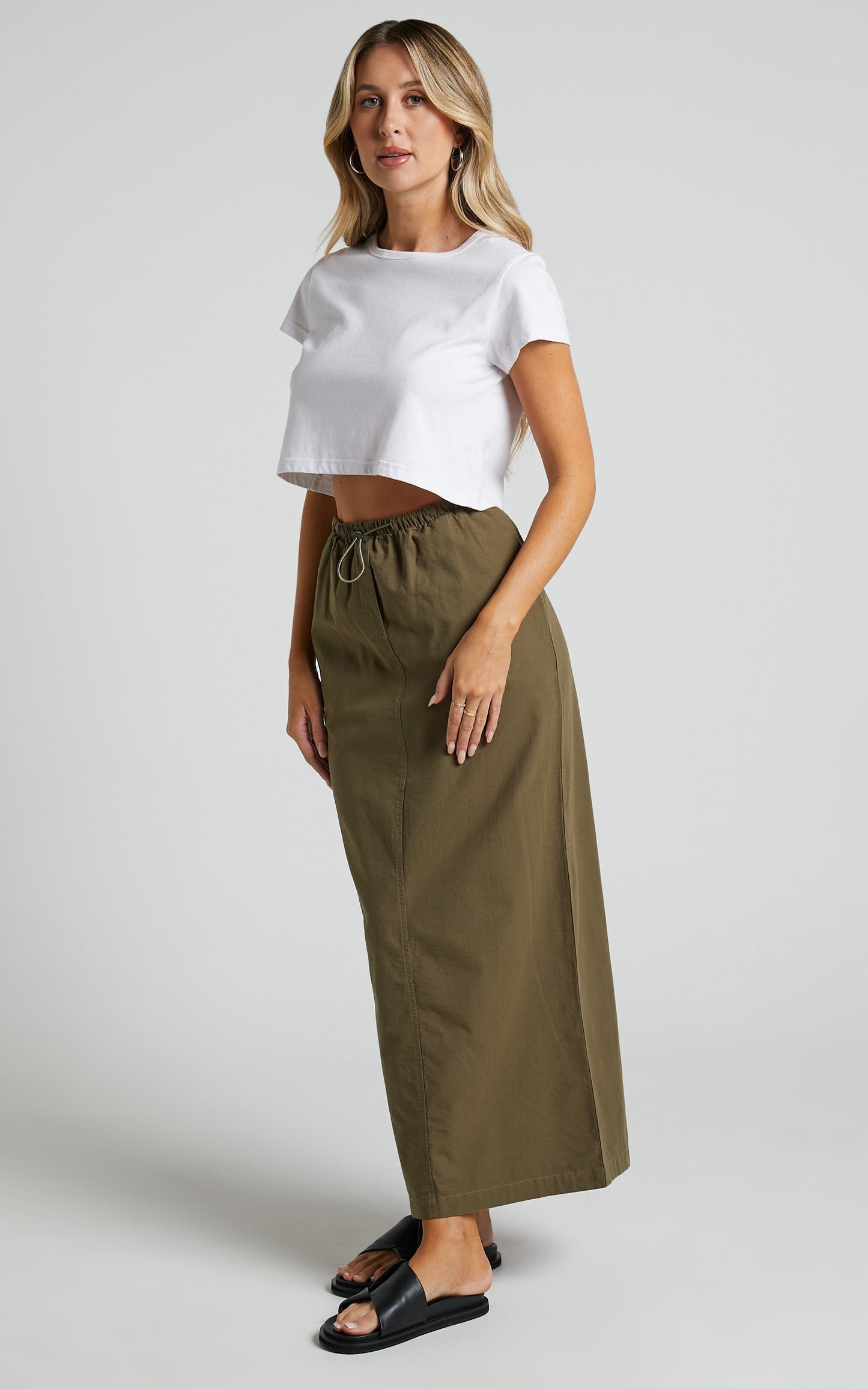 Tia Midi Skirt - Drawstring Cargo Skirt in Khaki