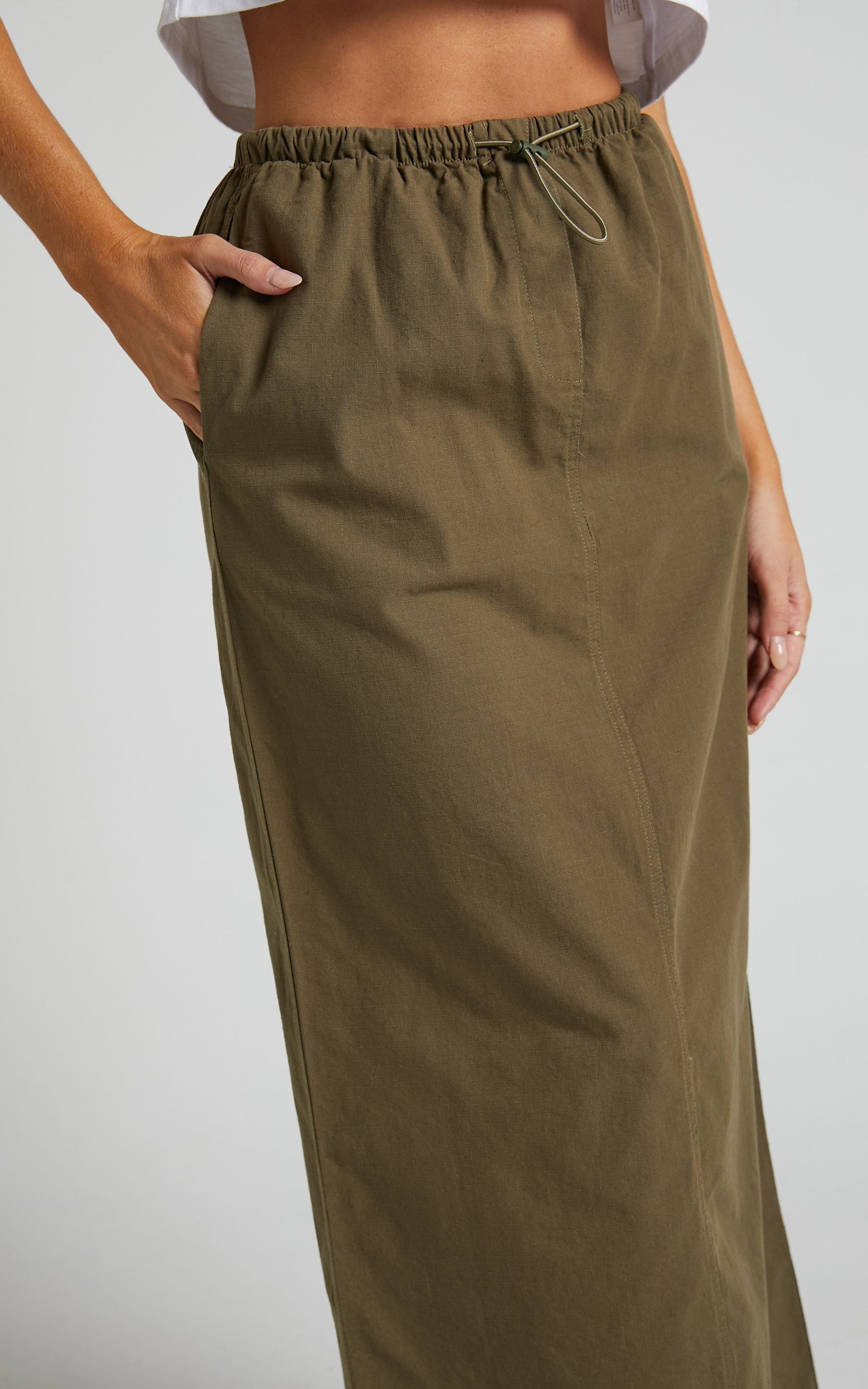 Tia Midi Skirt - Drawstring Cargo Skirt in Khaki