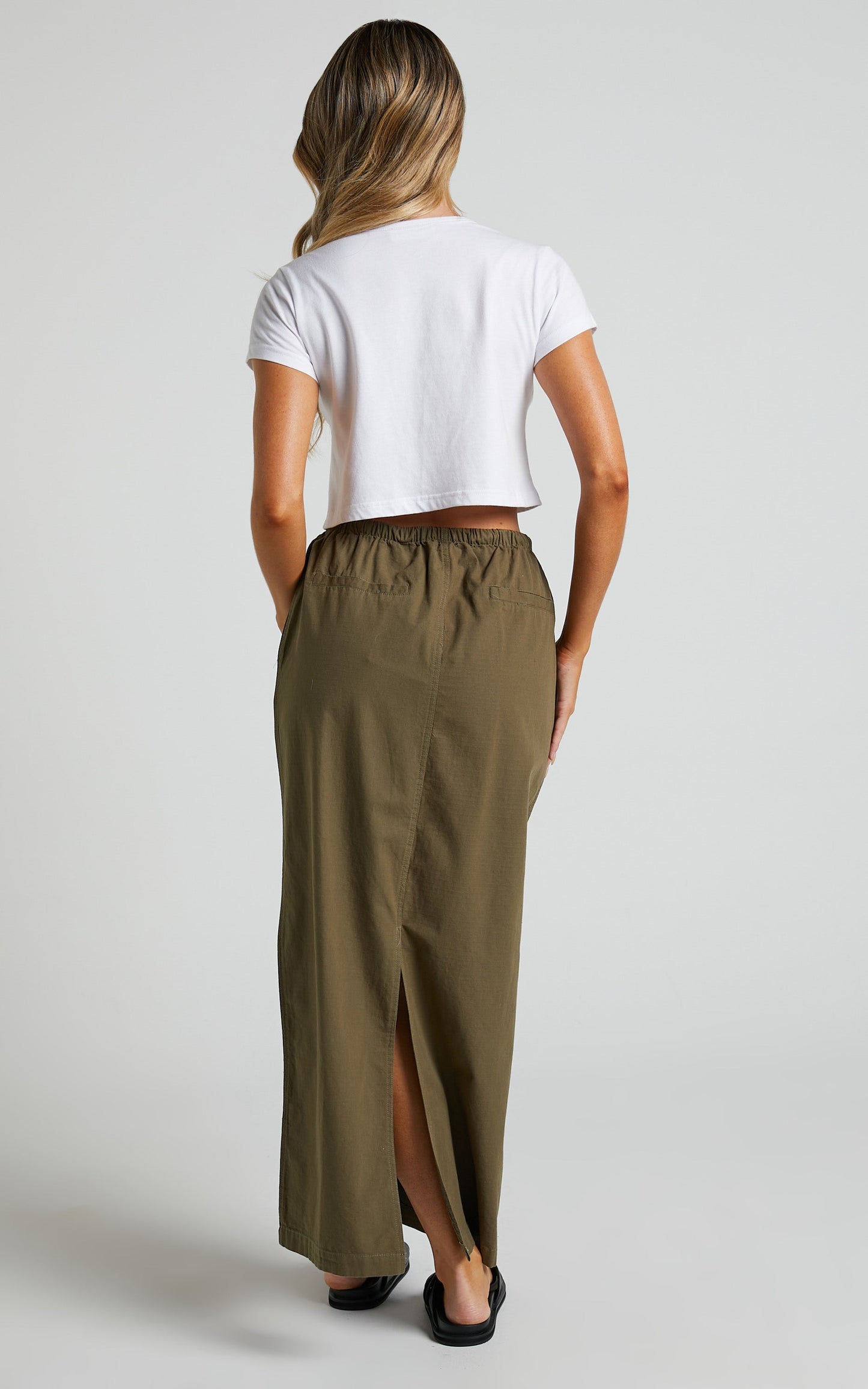 Tia Midi Skirt - Drawstring Cargo Skirt in Khaki