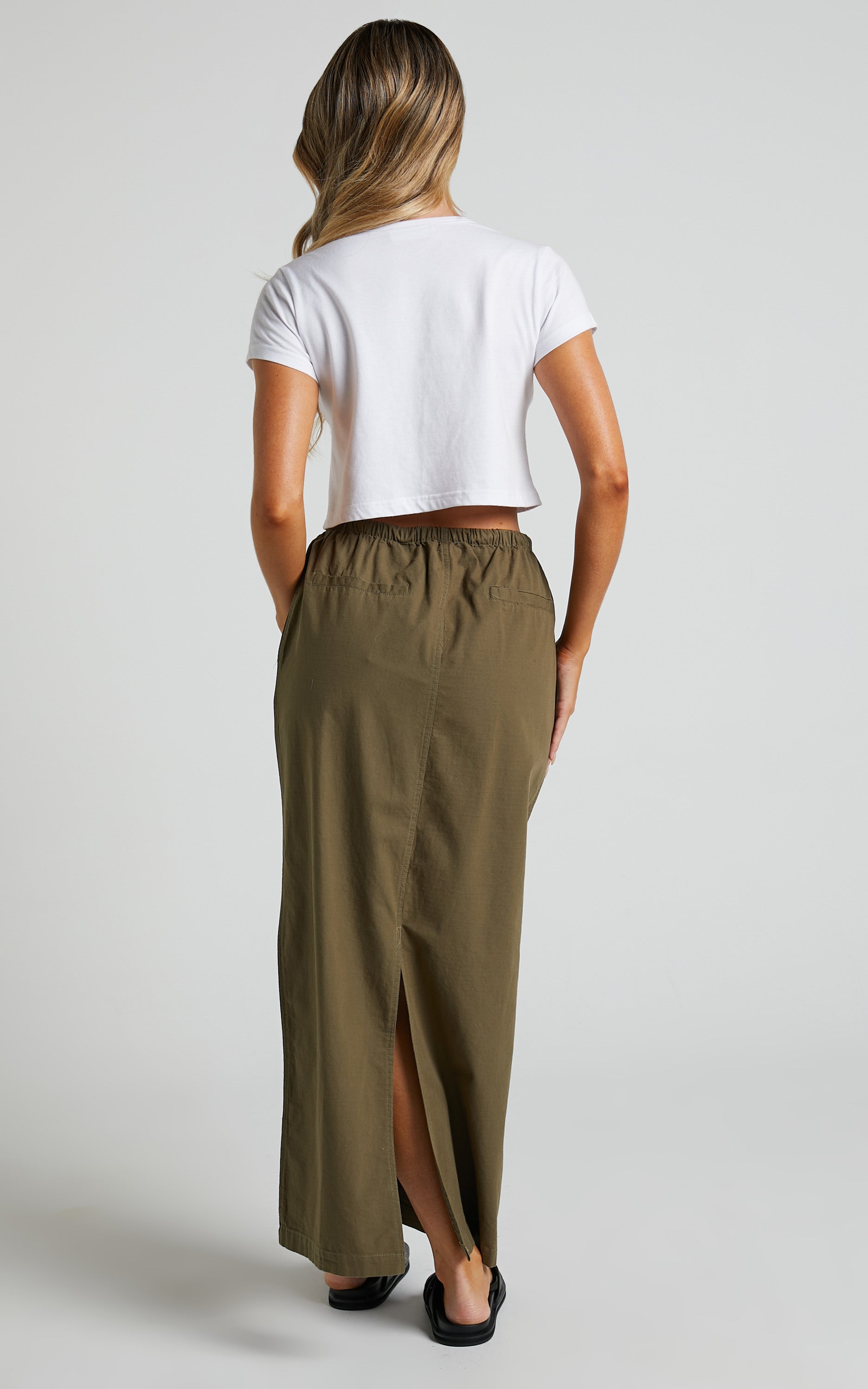 Tia Midi Skirt - Drawstring Cargo Skirt in Khaki