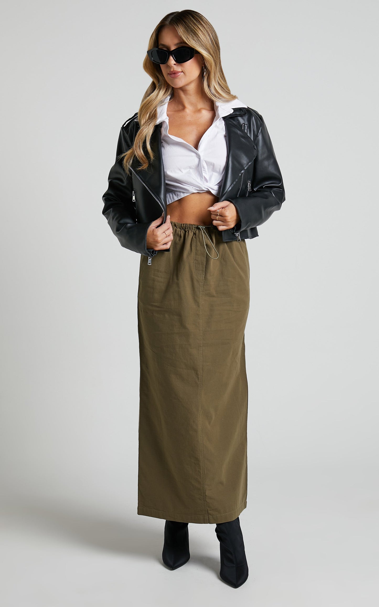 Tia Midi Skirt - Drawstring Cargo Skirt in Khaki