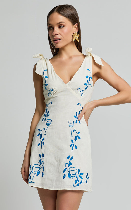 Tia Mini Dress - Tie Strap Deep V Neck Shift Dress in Natural