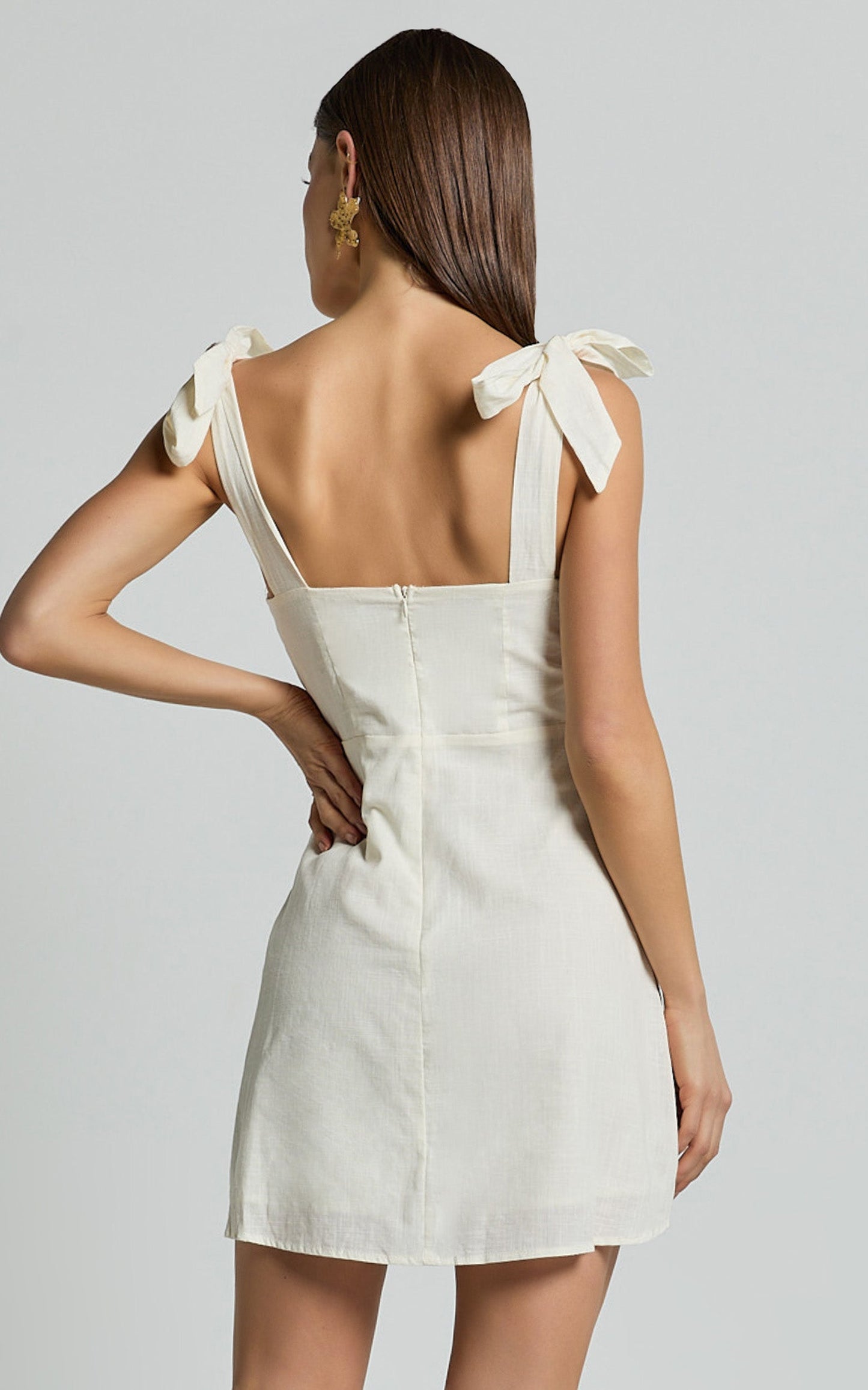 Tia Mini Dress - Tie Strap Deep V Neck Shift Dress in Natural