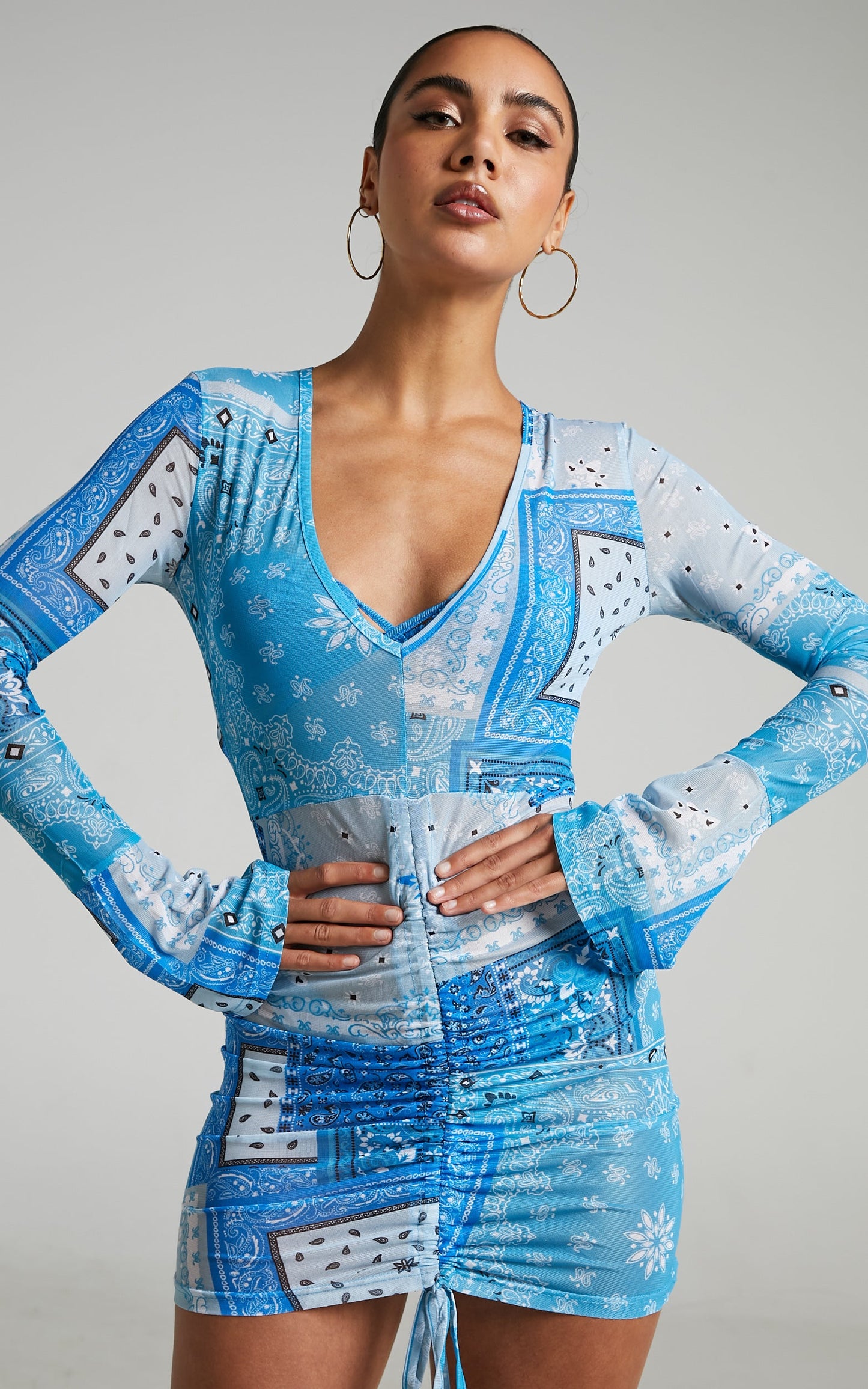 Tifanny Long Sleeve Ruched Front Dress in Blue Multi