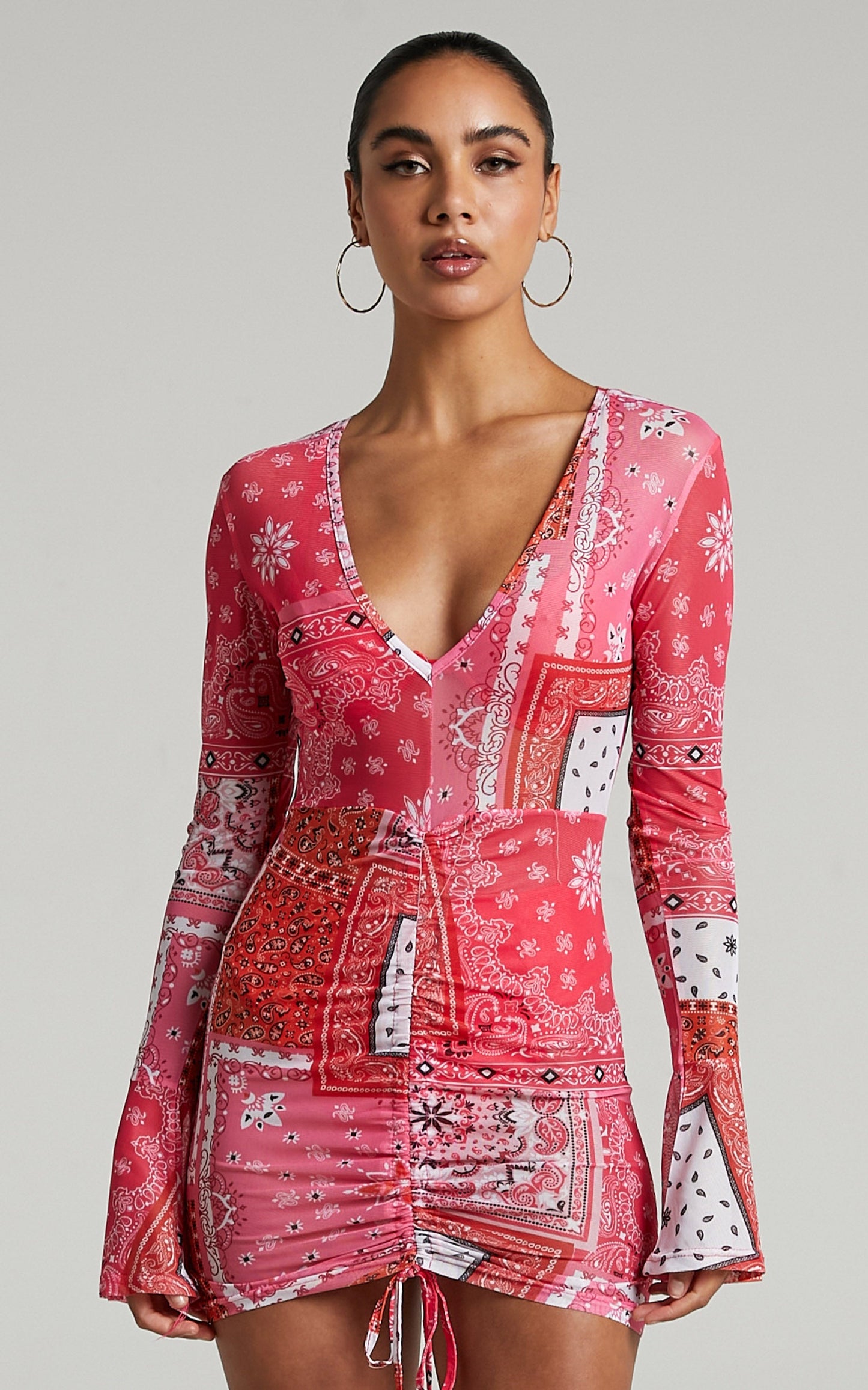 Tifanny Long Sleeve Ruched Front Dress in Pink Multi