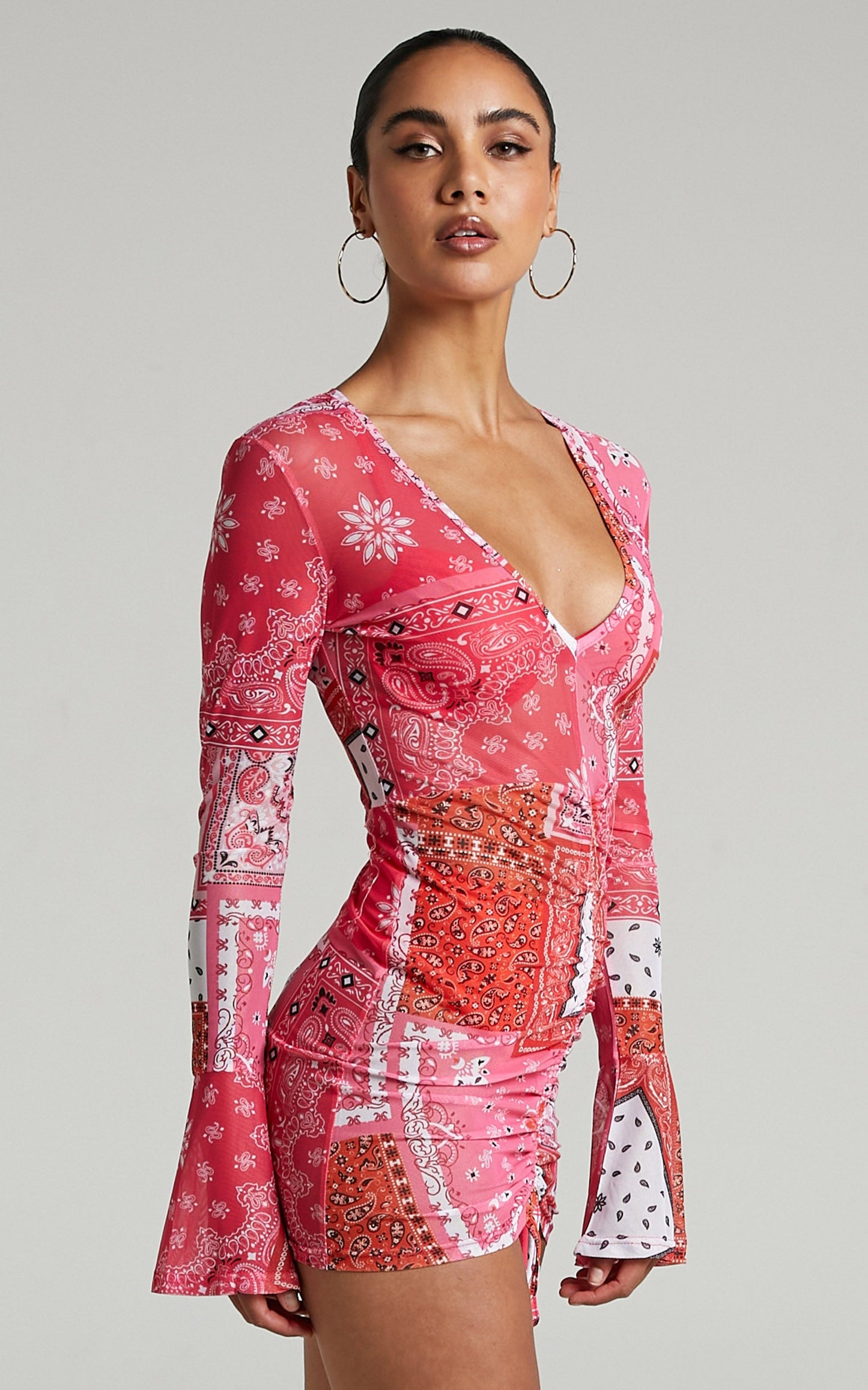 Tifanny Long Sleeve Ruched Front Dress in Pink Multi