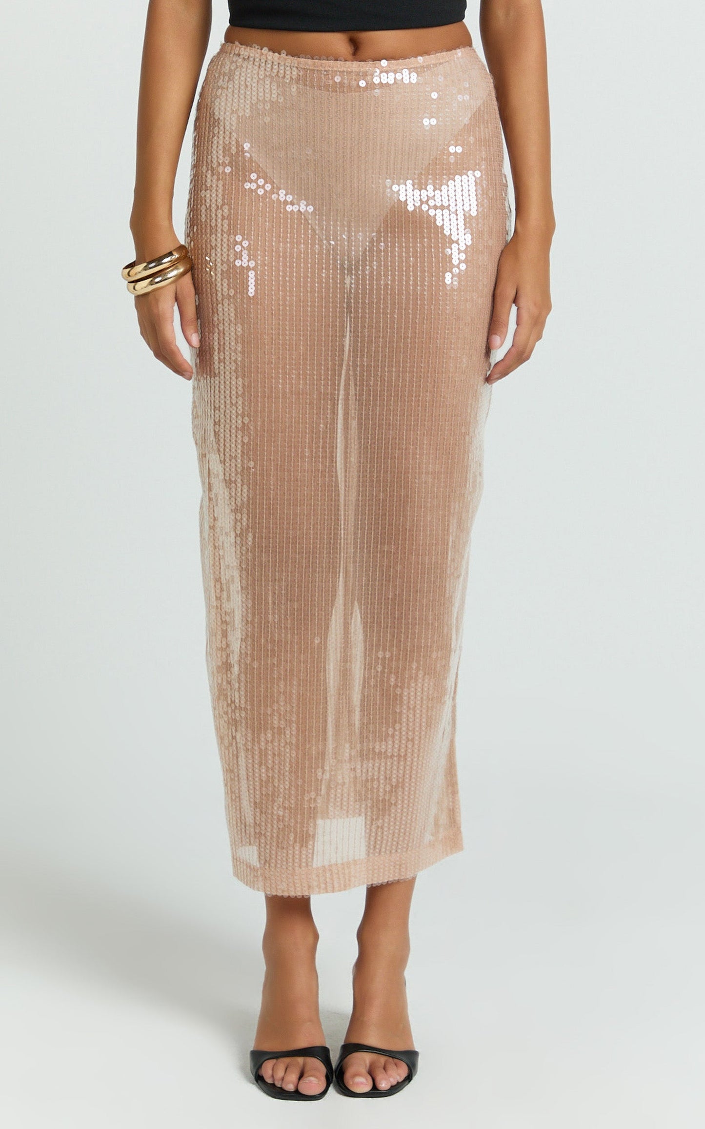 Tiffany Midi Skirt - Low Waisted Sheer Sequin Skirt in Nude Sequin