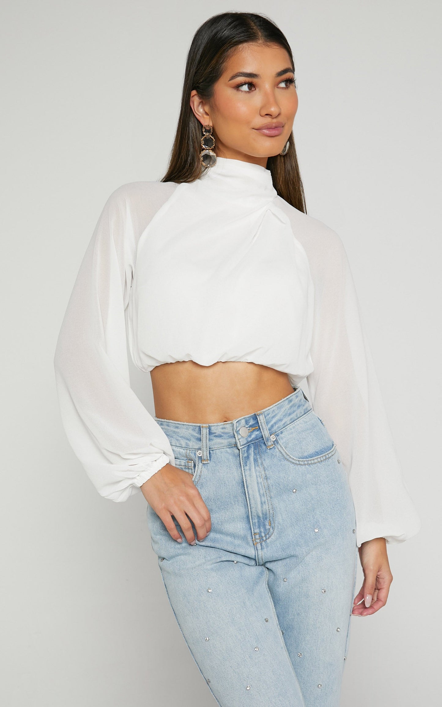 Tiffany Top - High Neck Draped Sheer Long Sleeve Blouse in White