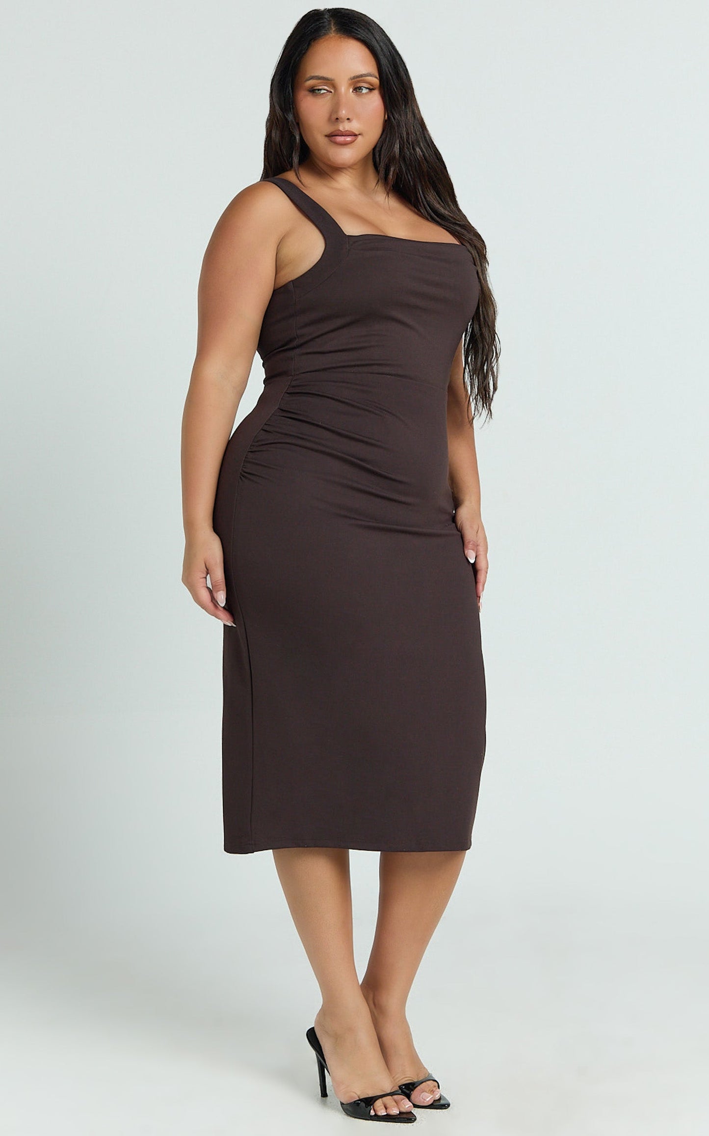 Tiffy Midi Dress - Square Neck Ruched Bodycon Dress in Chocolate