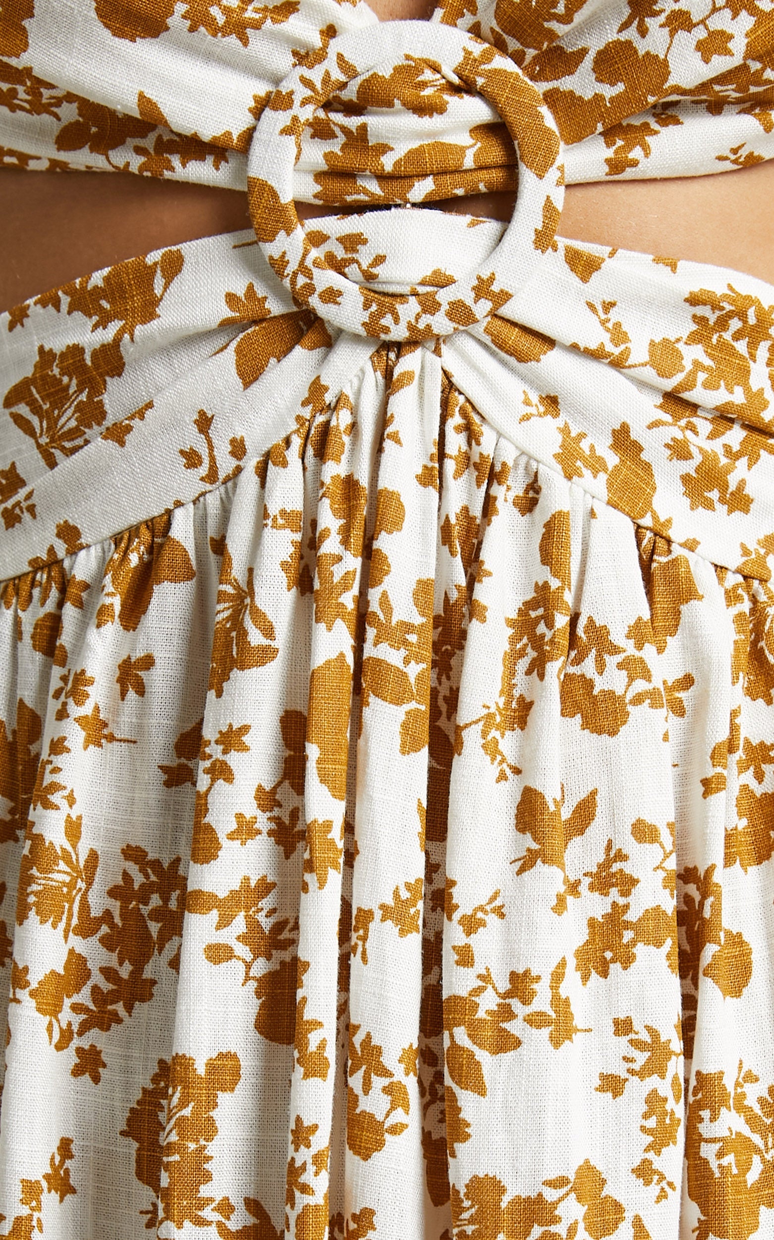 Timothea Midi Dress - Linen Sleeveless Ring Front Dress in Mustard Floral
