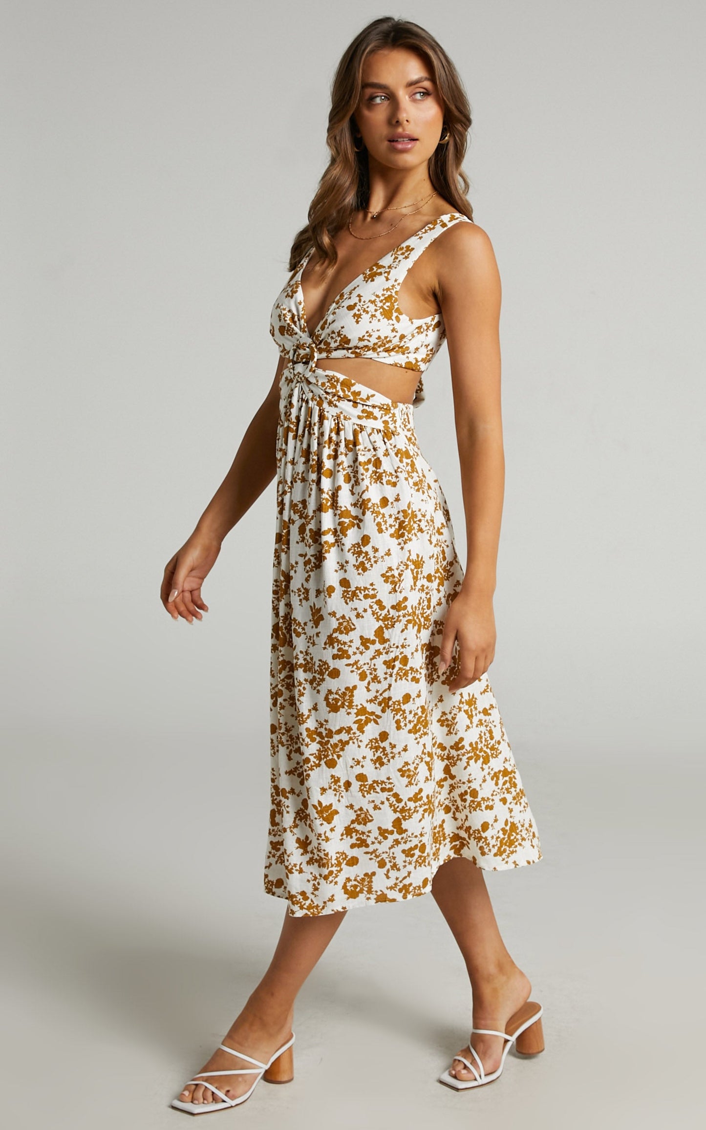 Timothea Midi Dress - Linen Sleeveless Ring Front Dress in Mustard Floral