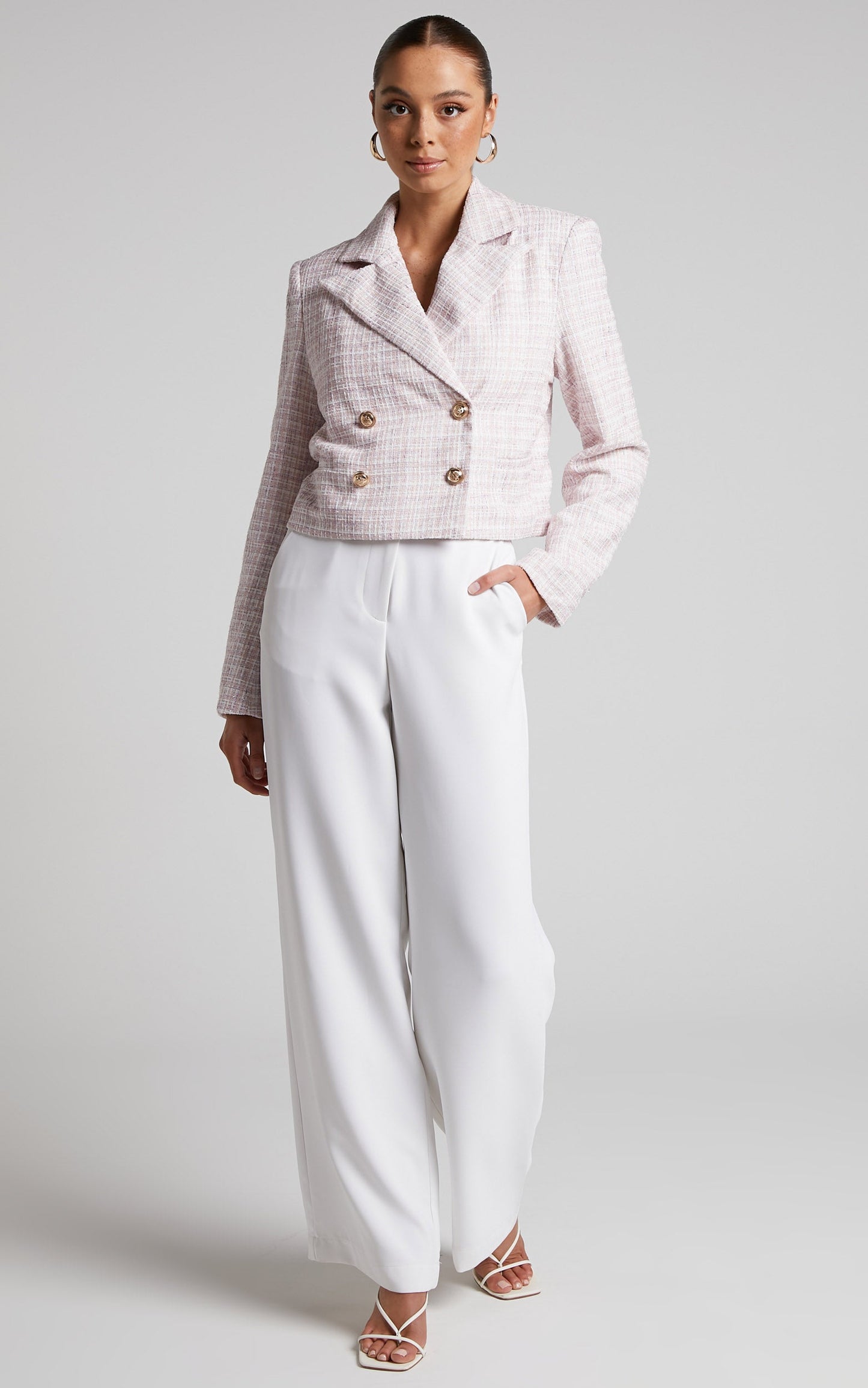 Tomiko Blazer - Cropped Boucle Tweed Blazer in Light Pink