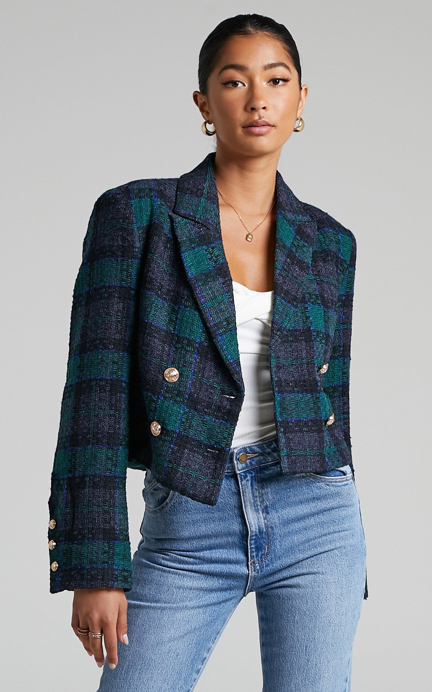 Tomiko Blazer - Cropped Boucle Tweed Blazer in Green Tweed