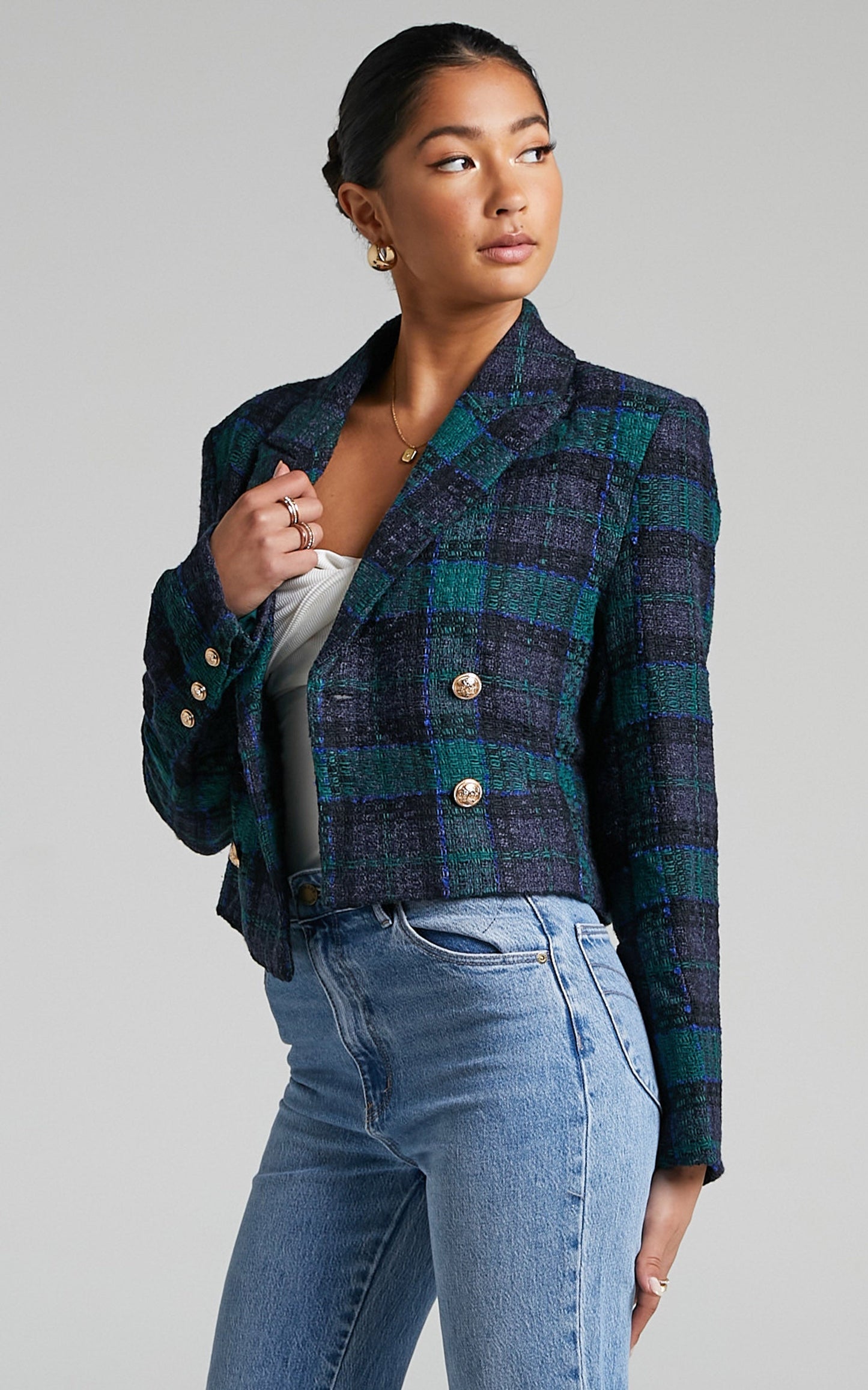 Tomiko Blazer - Cropped Boucle Tweed Blazer in Green Tweed