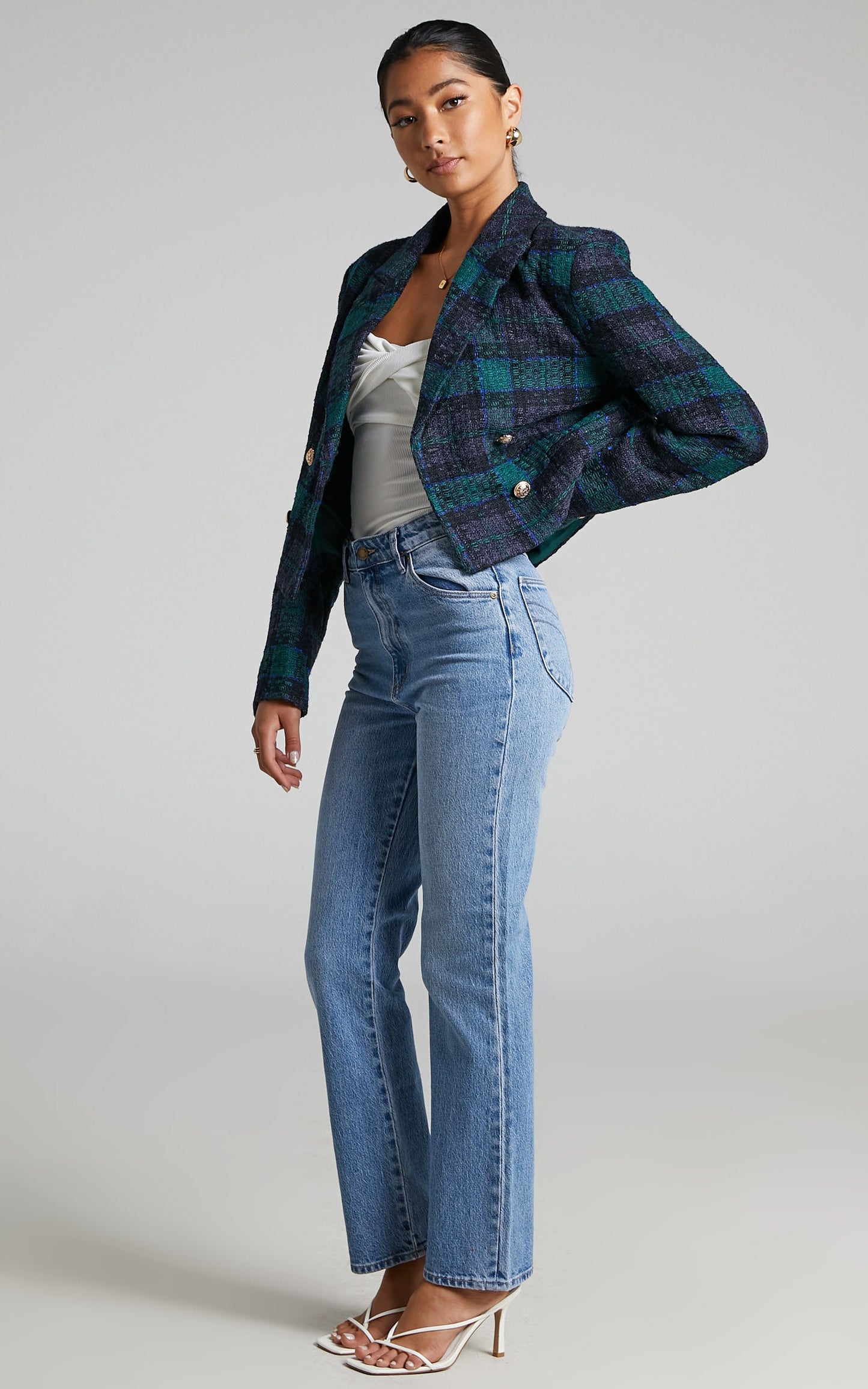 Tomiko Blazer - Cropped Boucle Tweed Blazer in Green Tweed