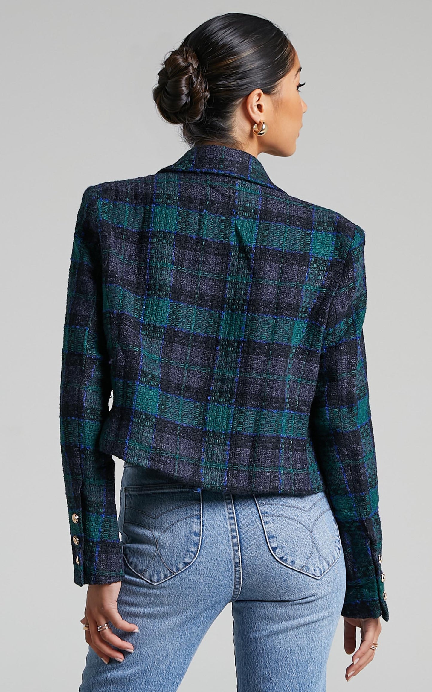 Tomiko Blazer - Cropped Boucle Tweed Blazer in Green Tweed