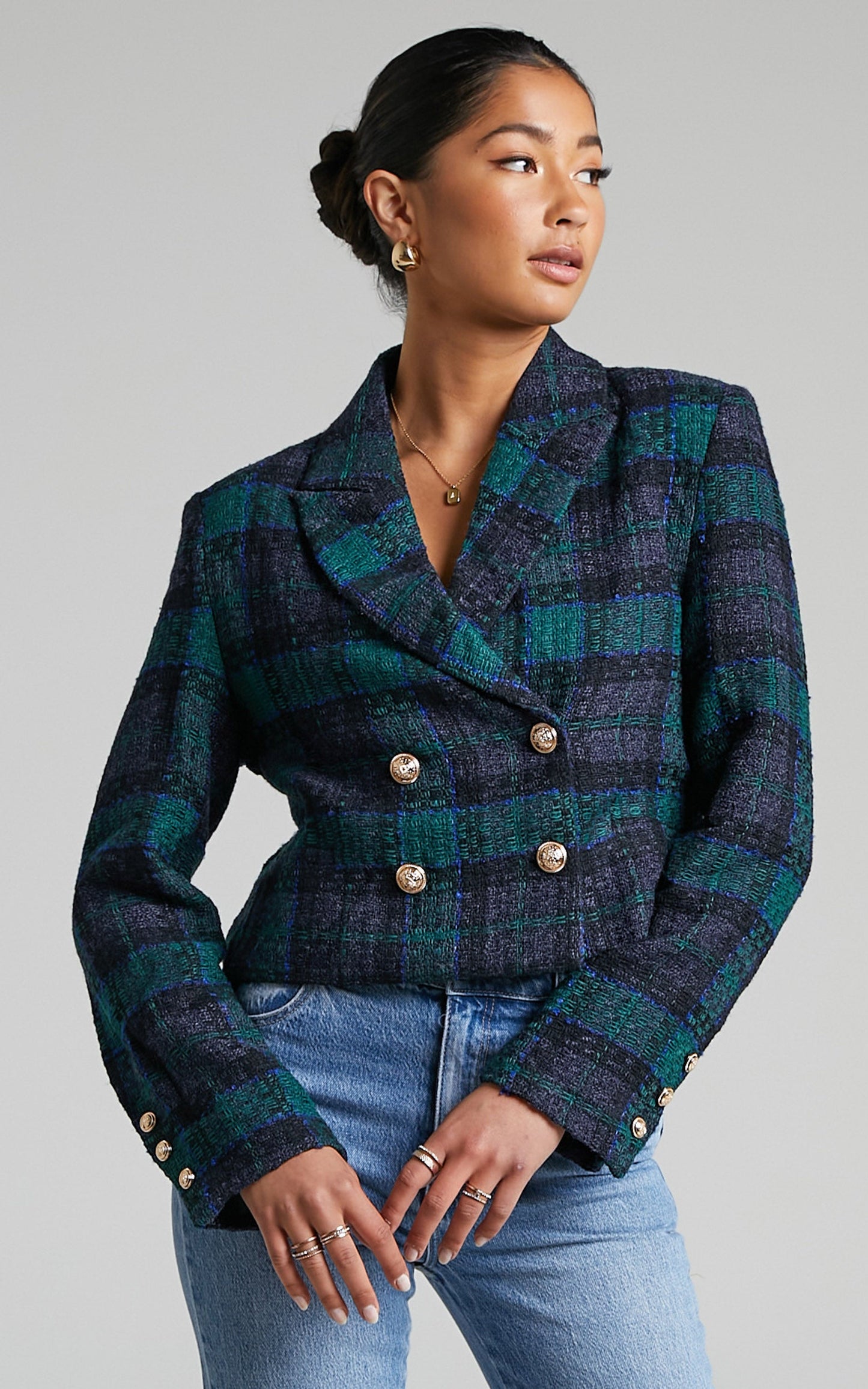 Tomiko Blazer - Cropped Boucle Tweed Blazer in Green Tweed