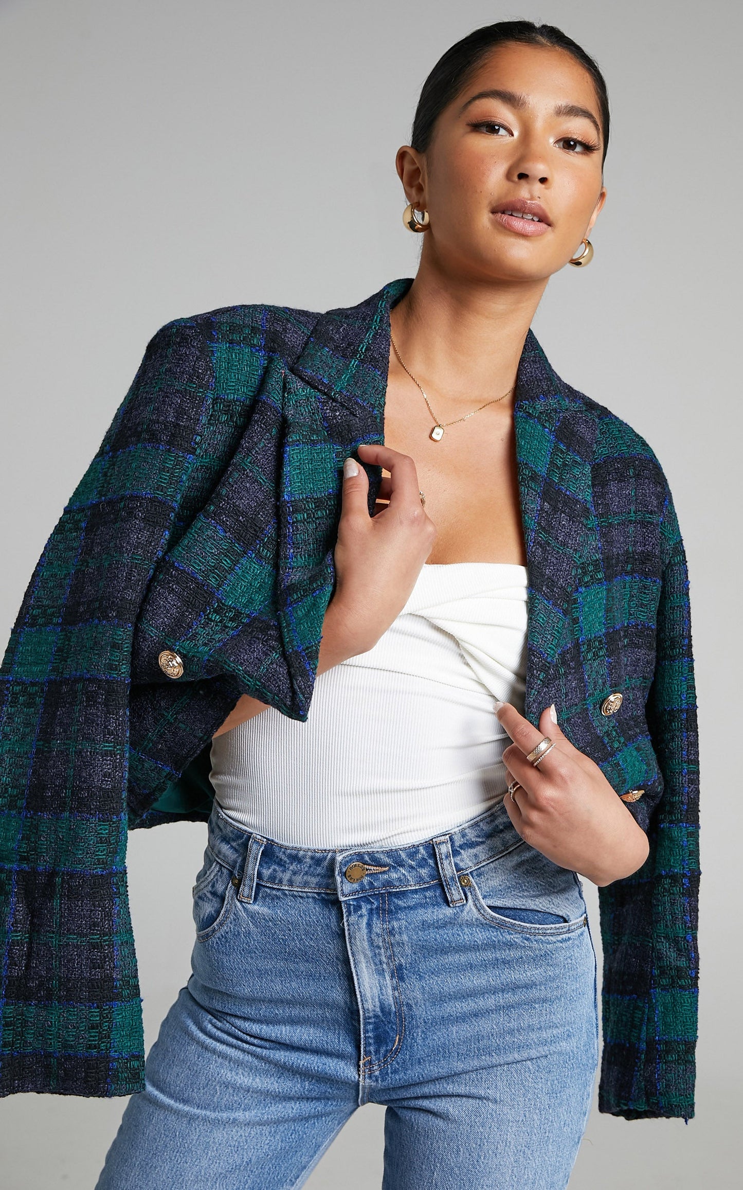 Tomiko Blazer - Cropped Boucle Tweed Blazer in Green Tweed
