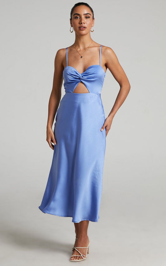 Tomoni Flounce Shoulder Midi Dress in Cornflower Blue