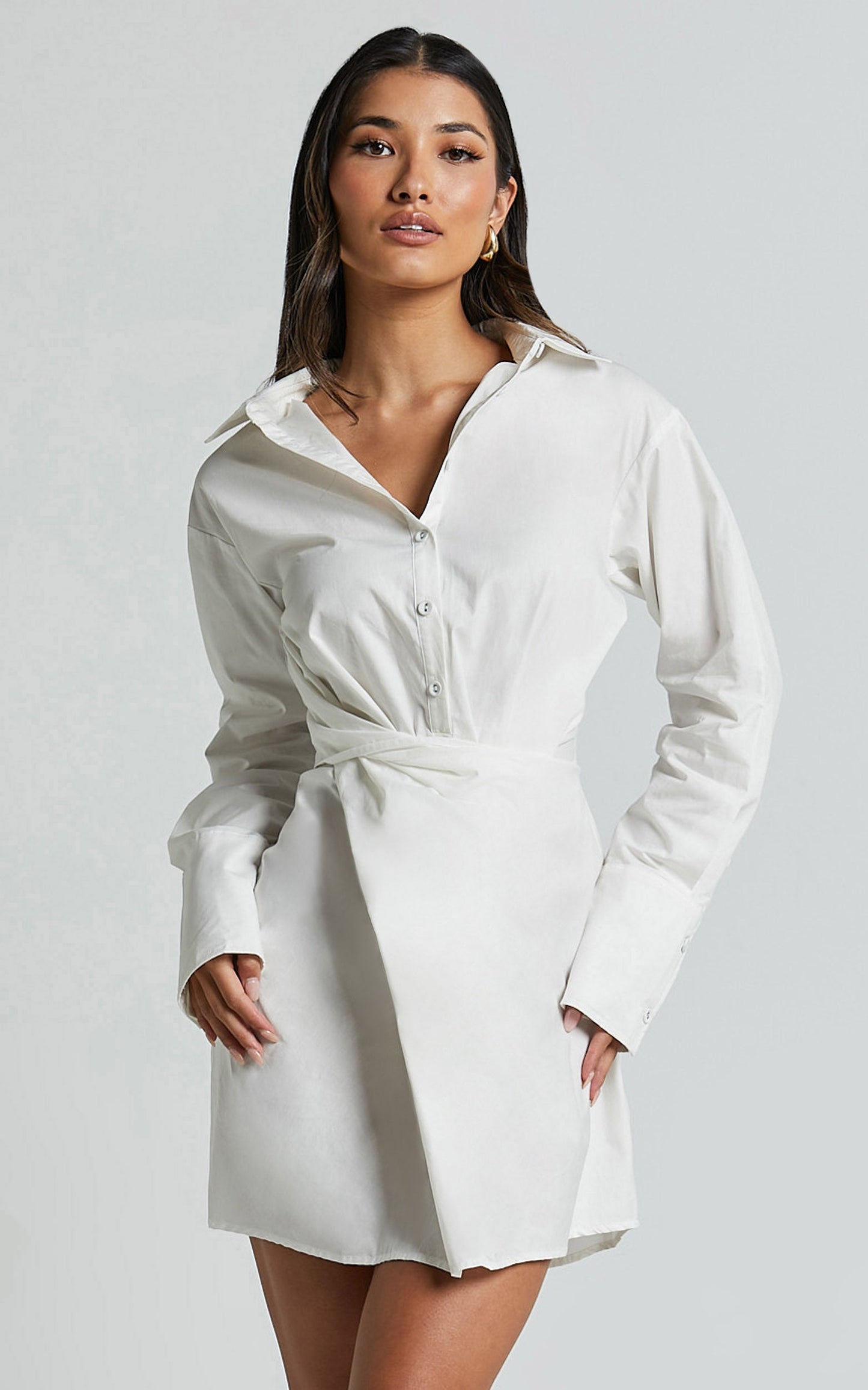 Tonja Mini Dress - Long Sleeve Wrap Shirt Dress in Ivory