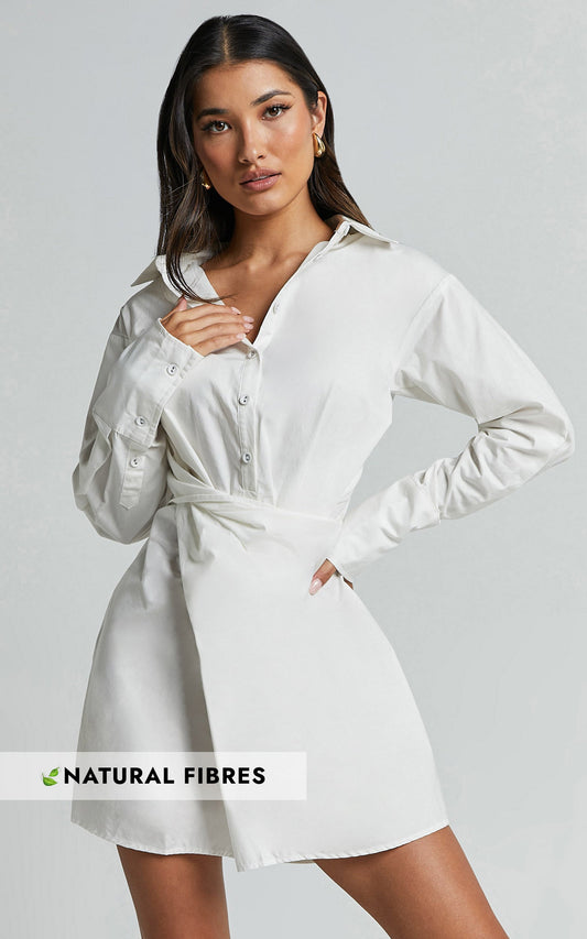 Tonja Mini Dress - Long Sleeve Wrap Shirt Dress in Ivory