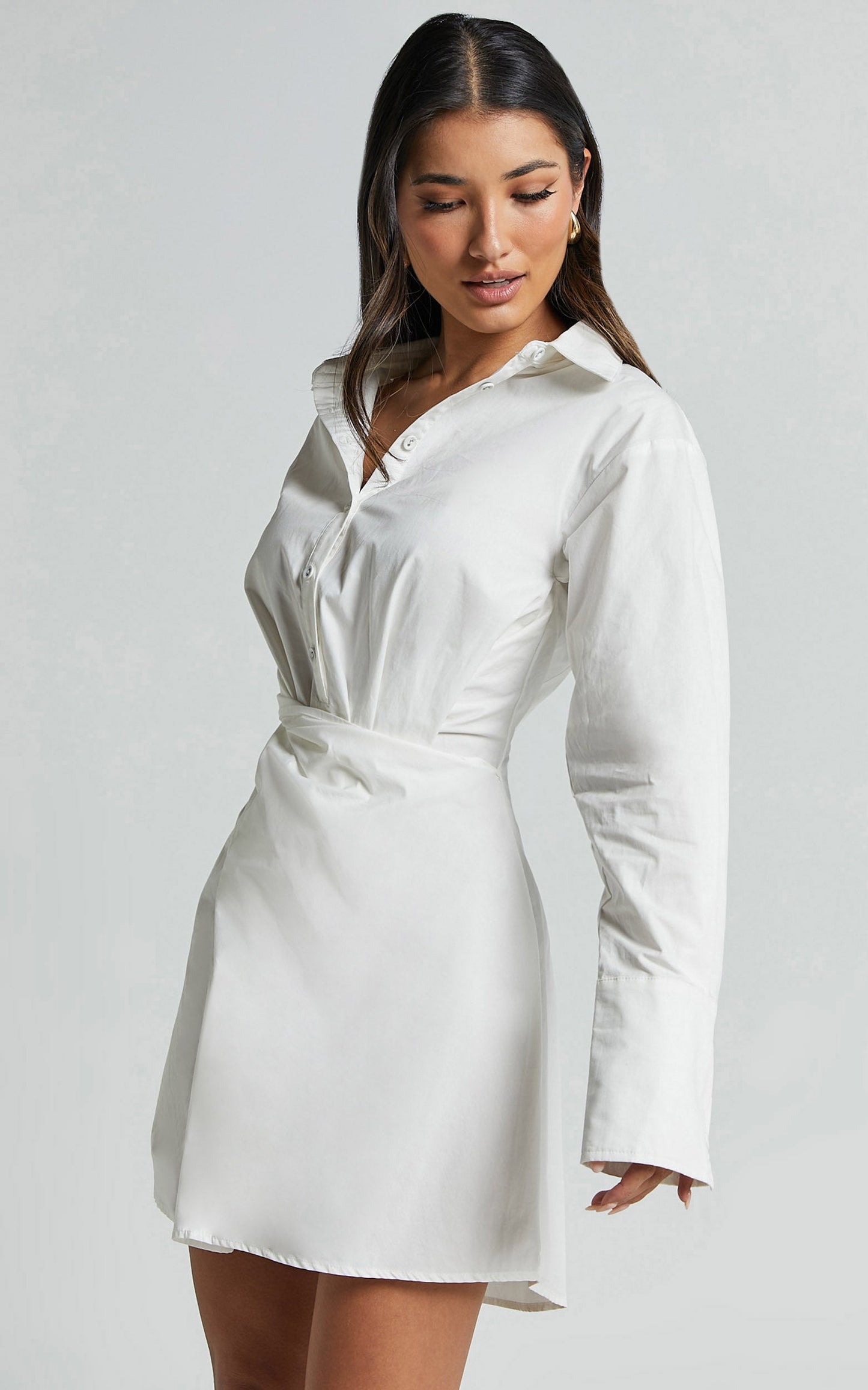 Tonja Mini Dress - Long Sleeve Wrap Shirt Dress in Ivory