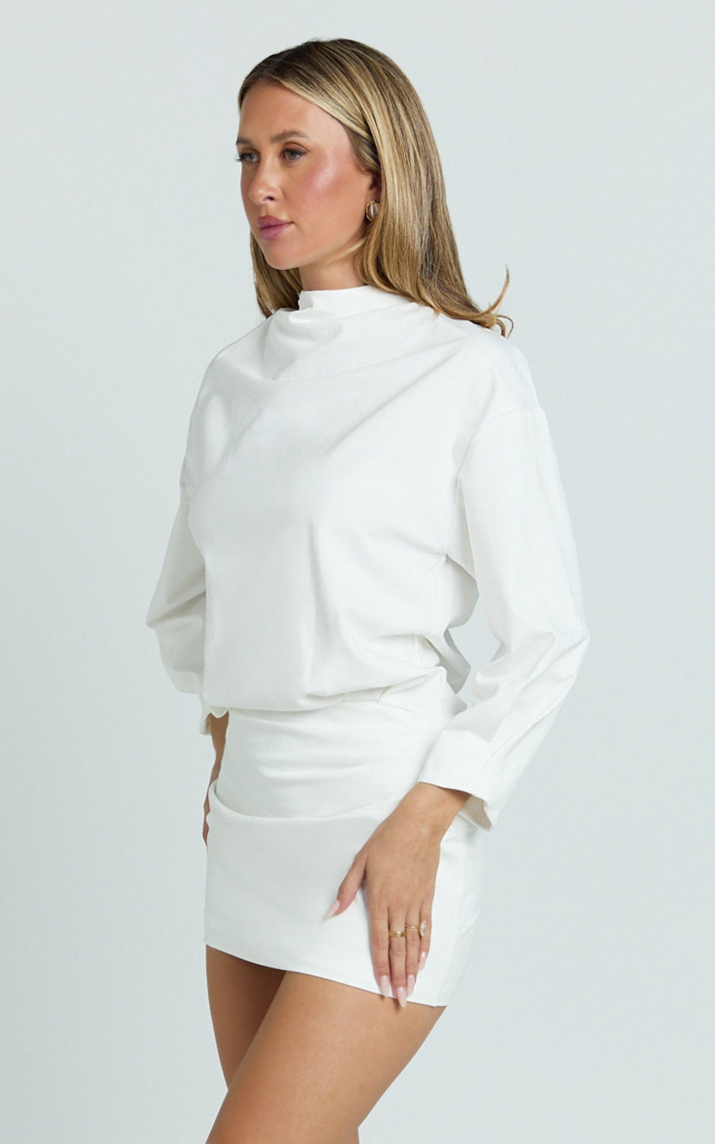 Tonya Mini Dress - High Neck Drop Shoulder Tulip Sleeve Top in White