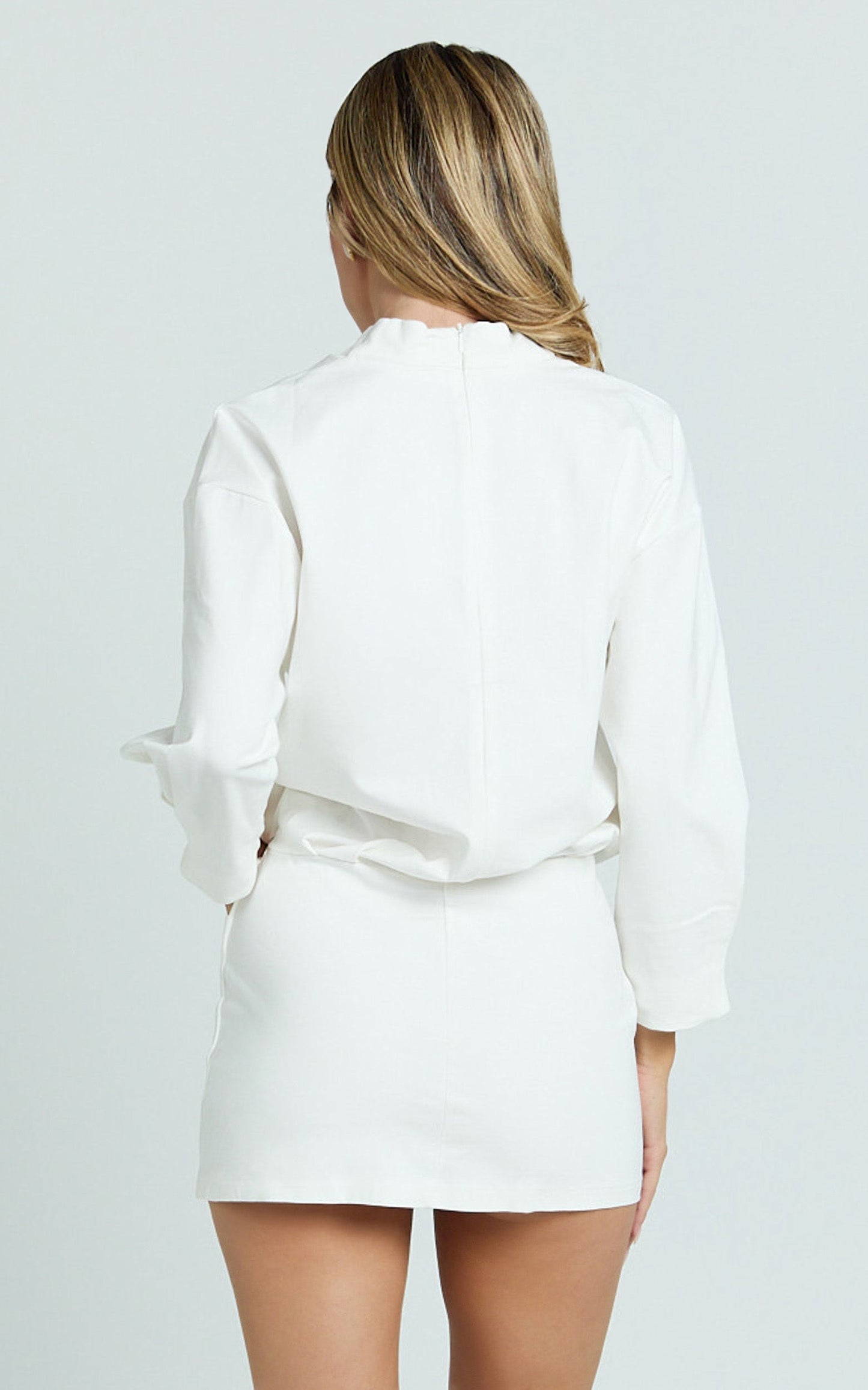 Tonya Mini Dress - High Neck Drop Shoulder Tulip Sleeve Top in White