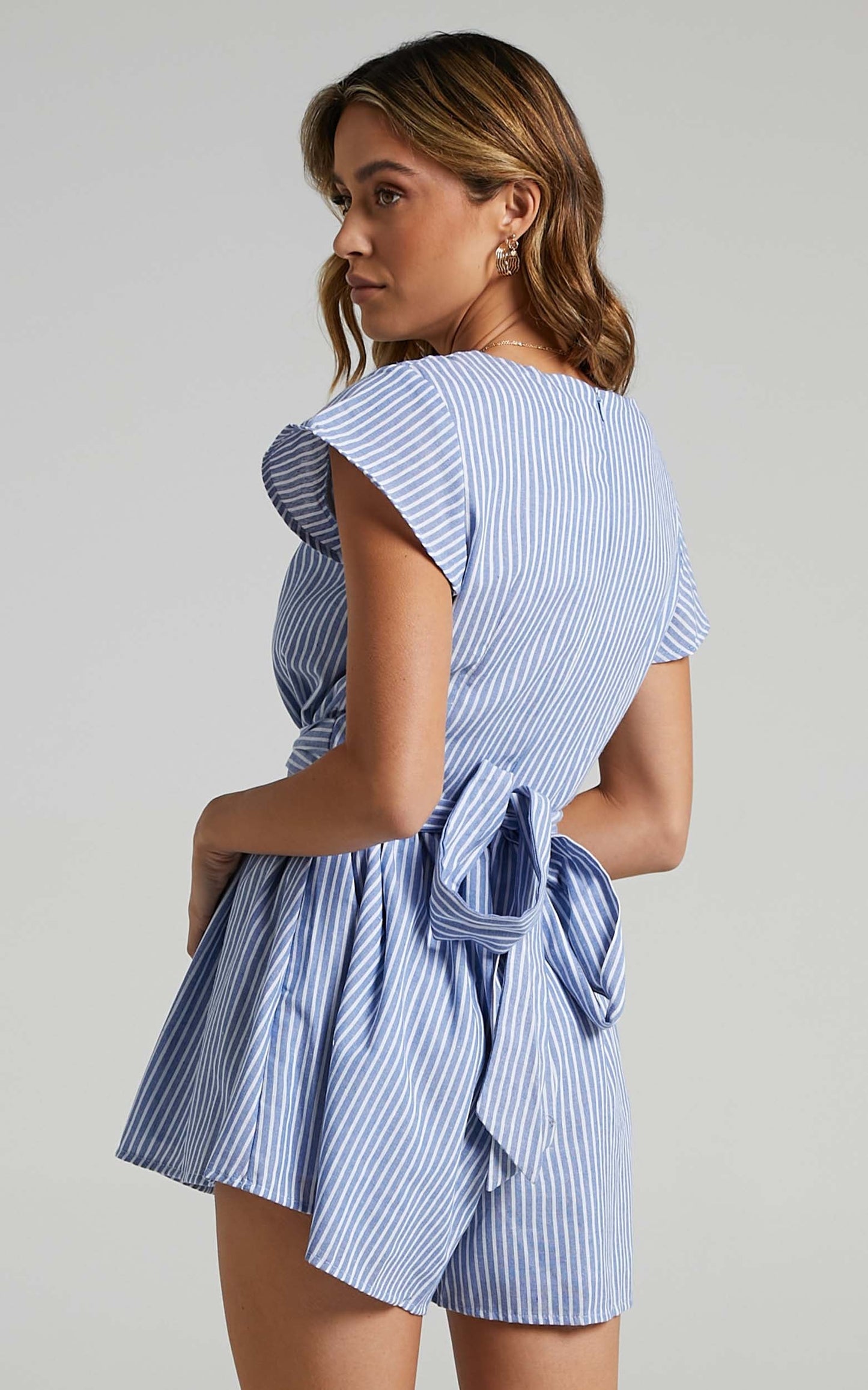 Top It Off Pluge Tie Front Playsuit in Blue Stripe